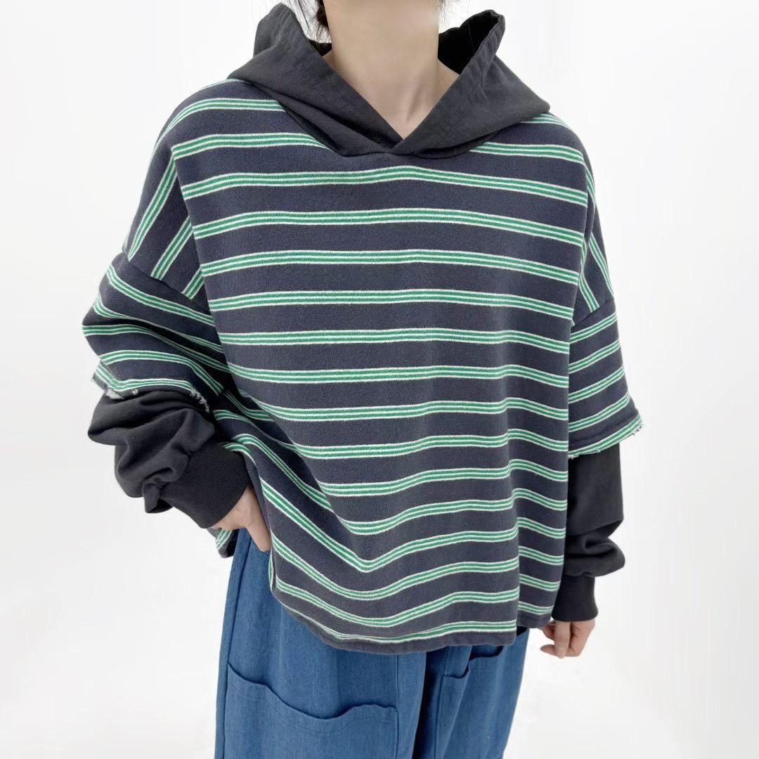 磨洗假兩件式連帽上衣