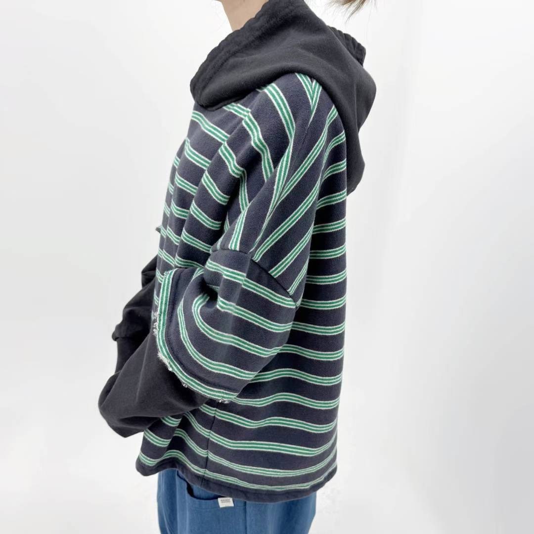 磨洗假兩件式連帽上衣