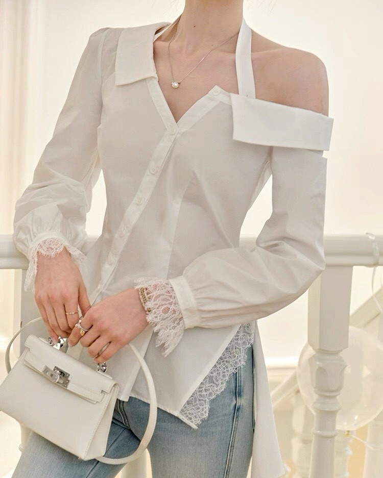 設計師家兩邊不對稱收腰襯衫