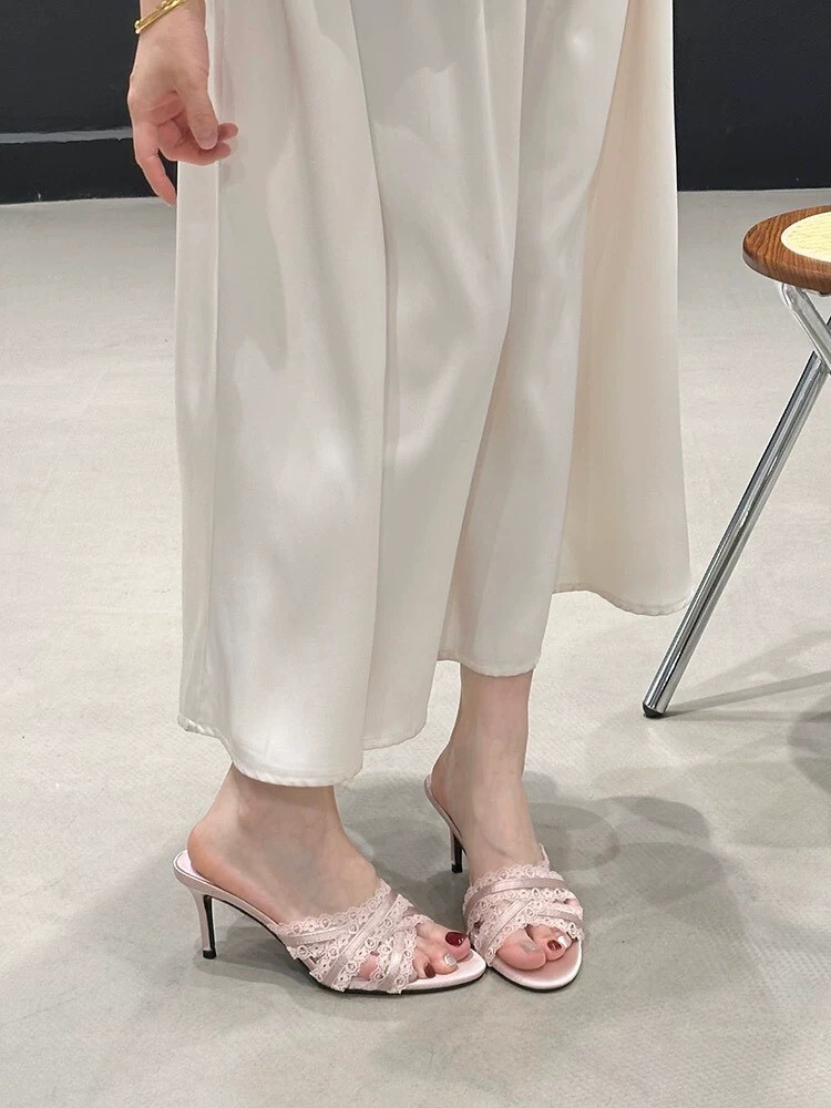 甜美拼接蕾絲交叉感高跟拖鞋