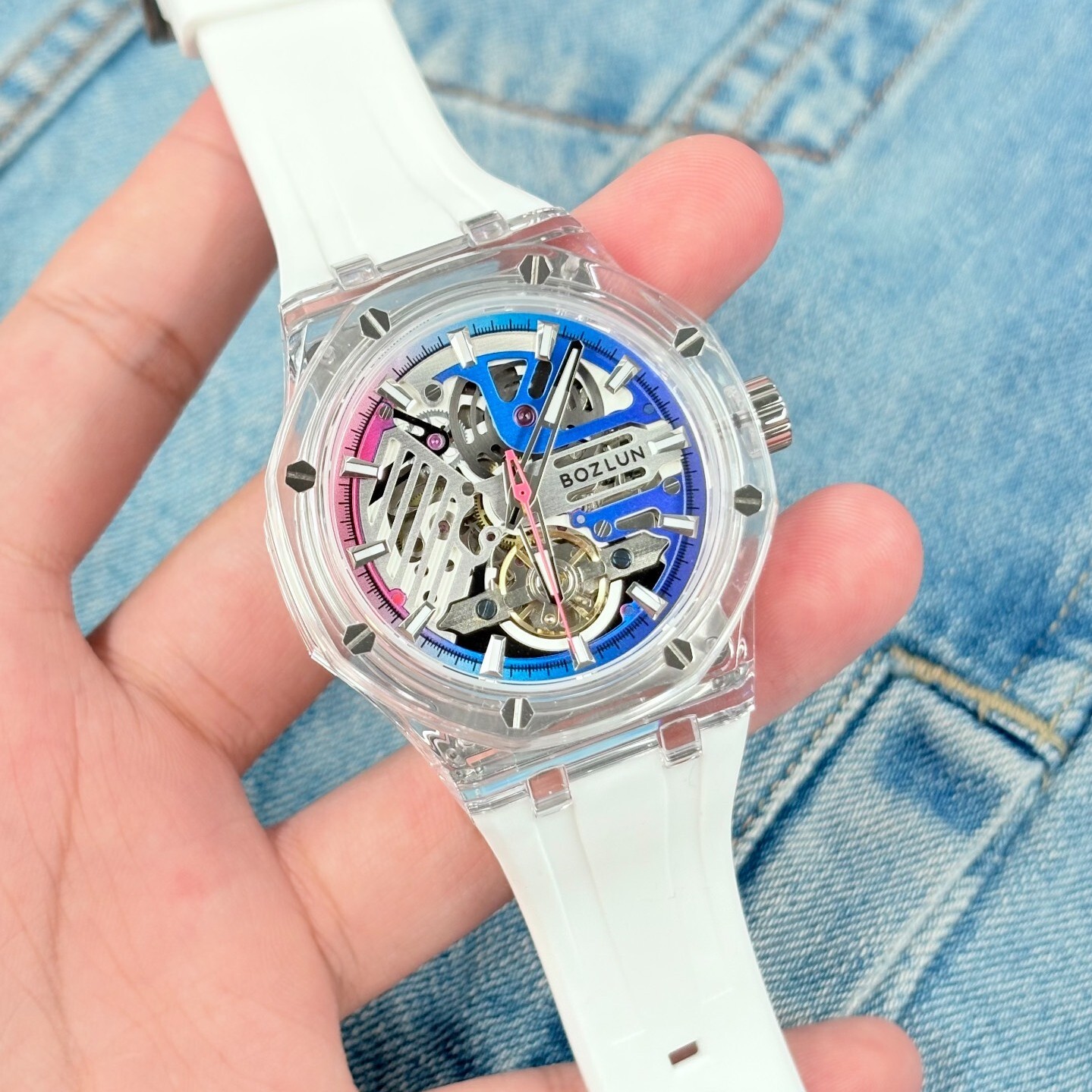 【BOZLUN 保羅】繽紛 活潑 透殼 夜光 鏤空 矽膠 機械 手錶 BZ188BU