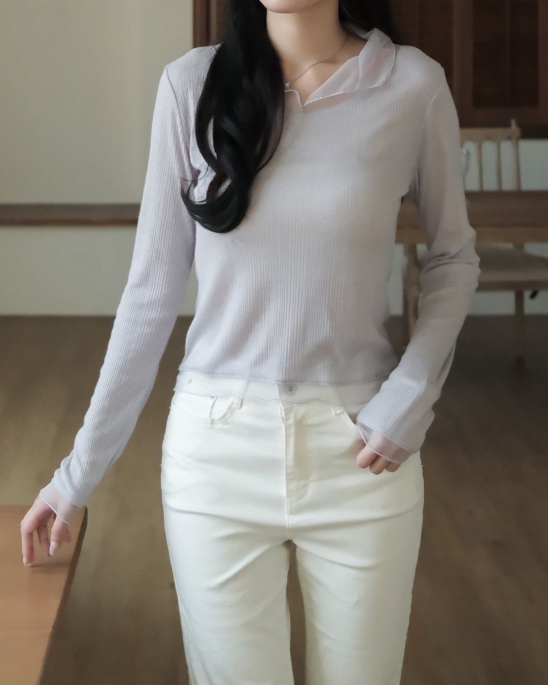 微光網紗氣質感細節長袖上衣 ( 2 colors)