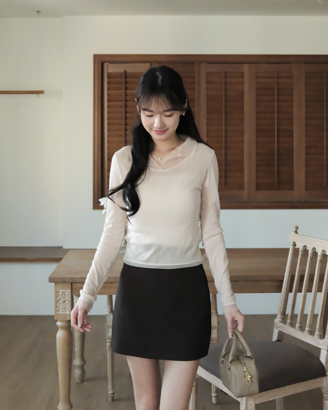 微光網紗氣質感細節長袖上衣 ( 2 colors)