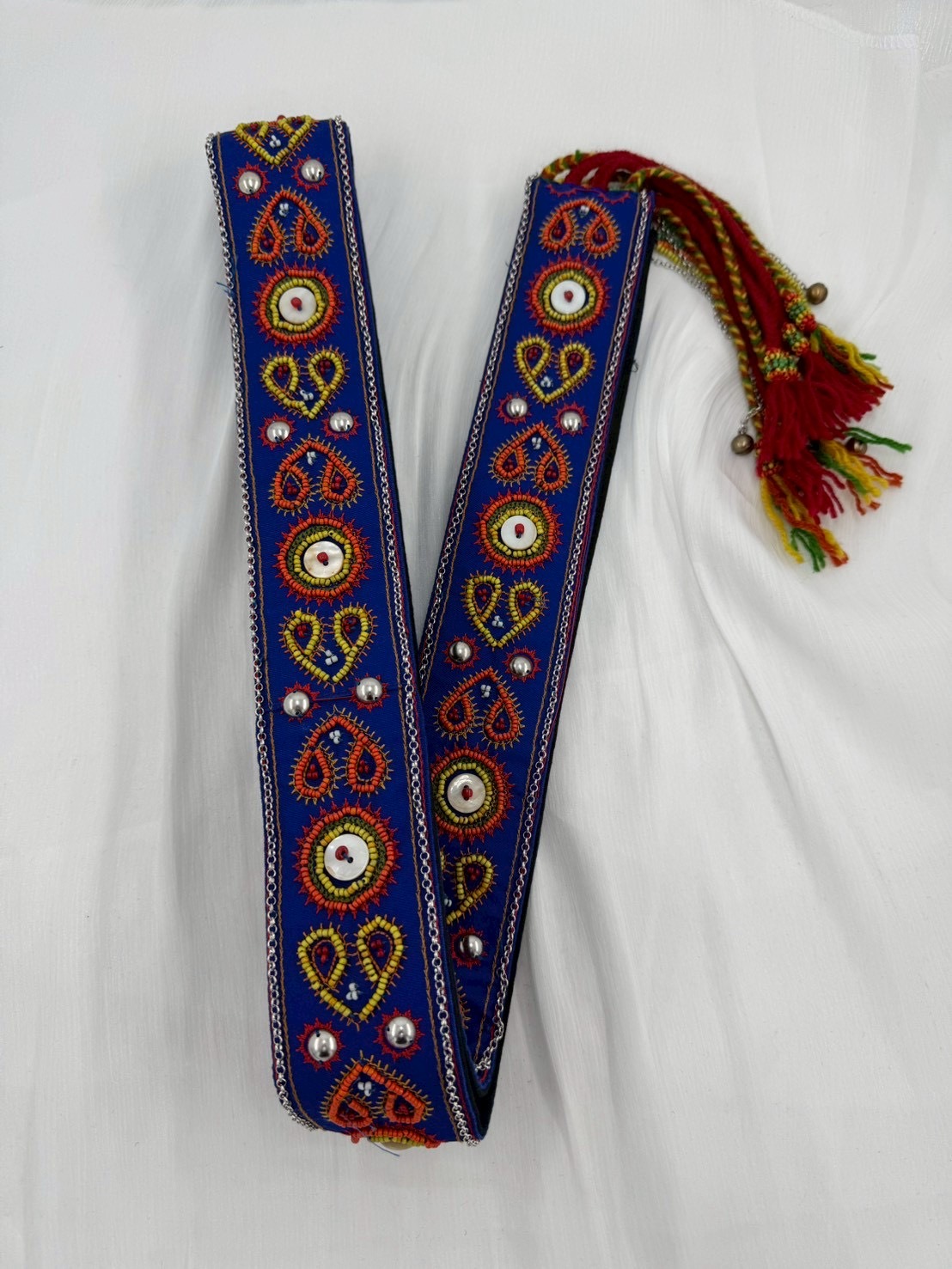 No.9手工珠繡刀冰流蘇肩背帶6*220cm（藍底）