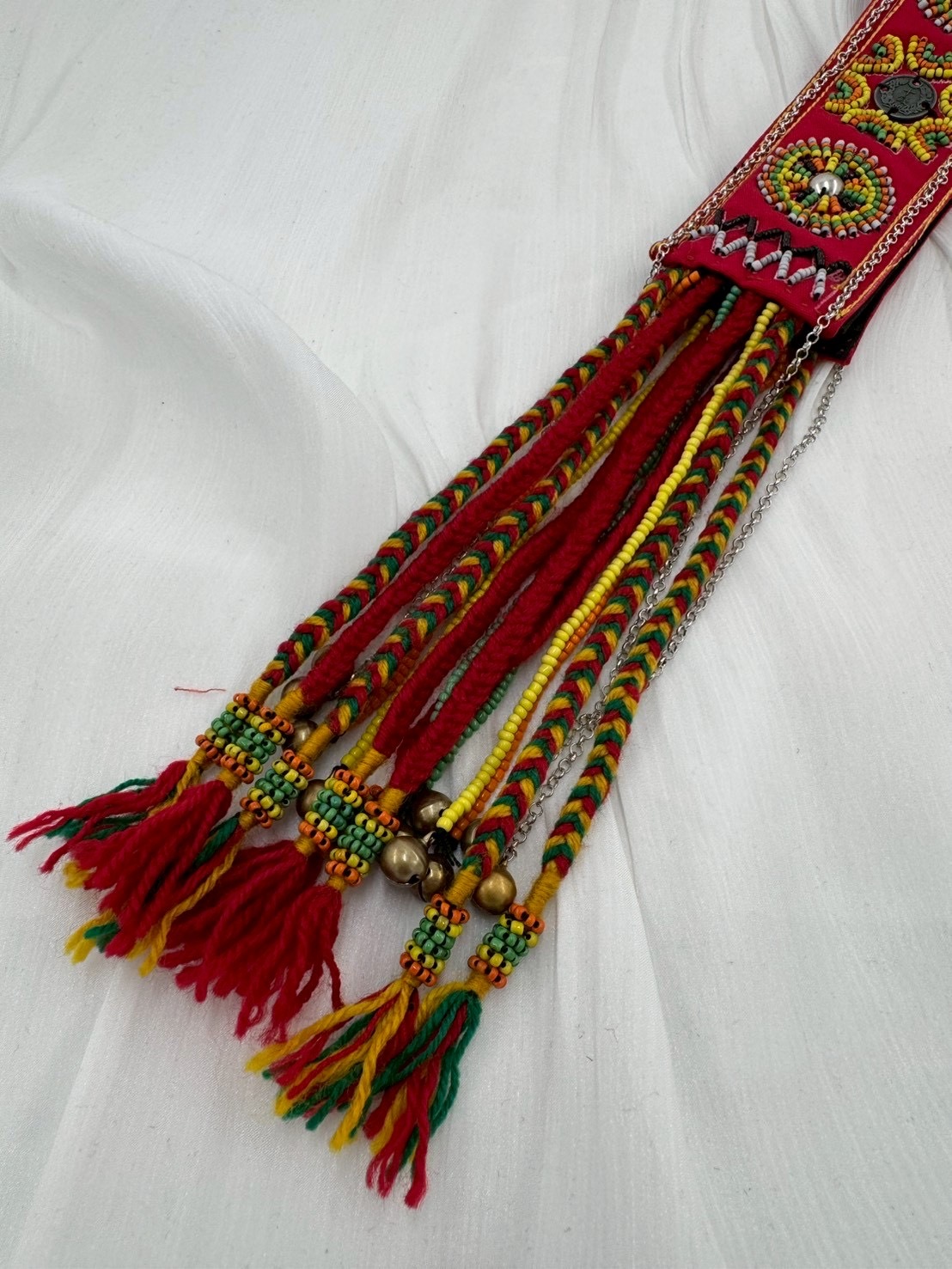 No.11手工珠繡錢幣刀冰流蘇肩背帶6*220cm（紅底）