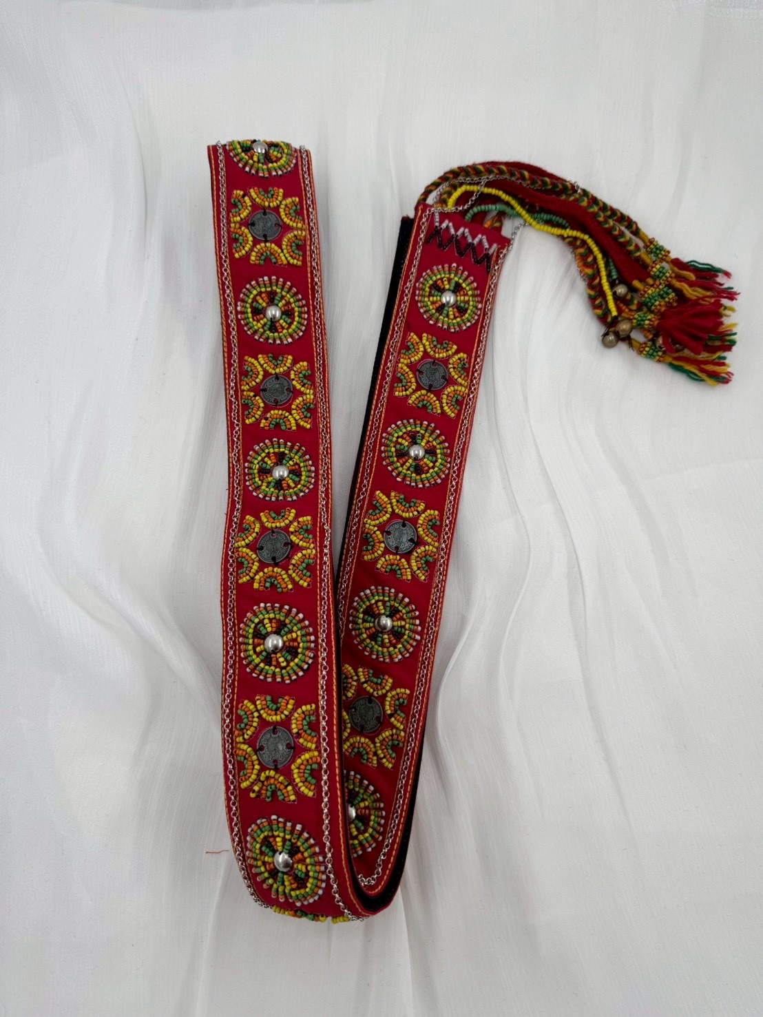 No.11手工珠繡錢幣刀冰流蘇肩背帶6*220cm（紅底）