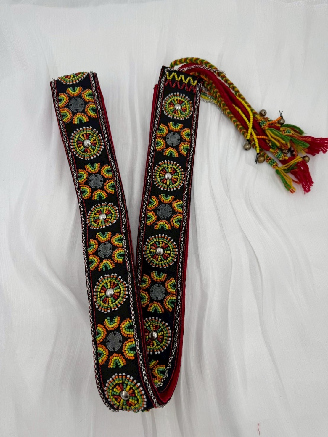 No.12手工珠繡錢幣刀冰流蘇肩背帶6*220cm（黑底）