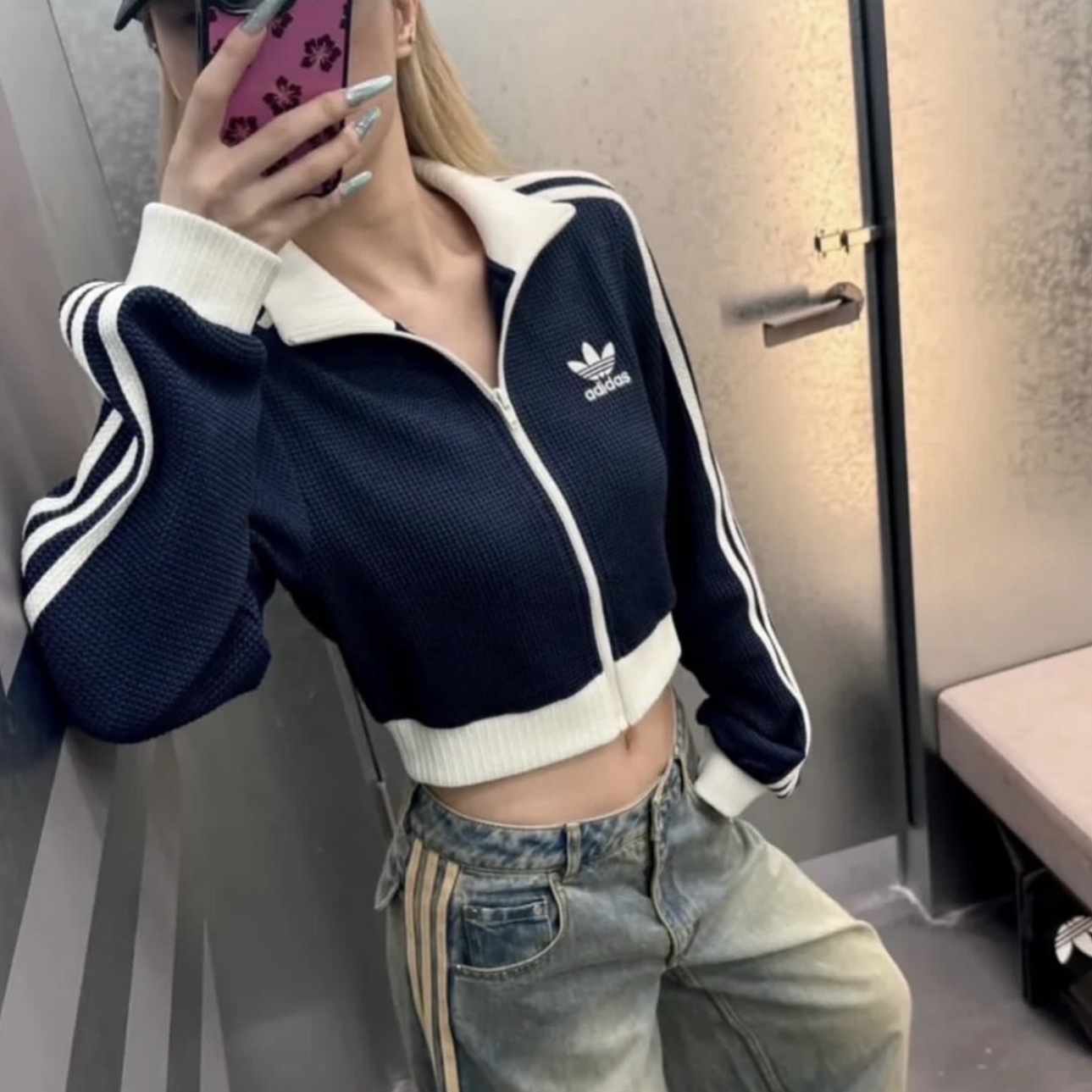 ADIDAS ORIGINALS TRACK TOP CROP 藍/棕 短版 華夫格 外套 KC2645/KC2646