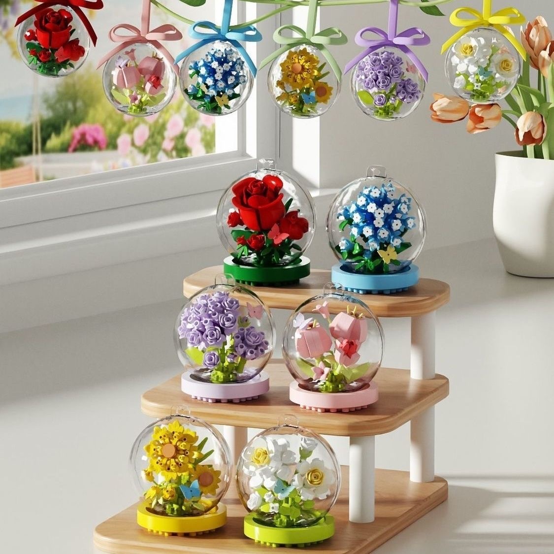 教师节预购 微颗粒积木花向日葵满天星球形摆件 1套6个