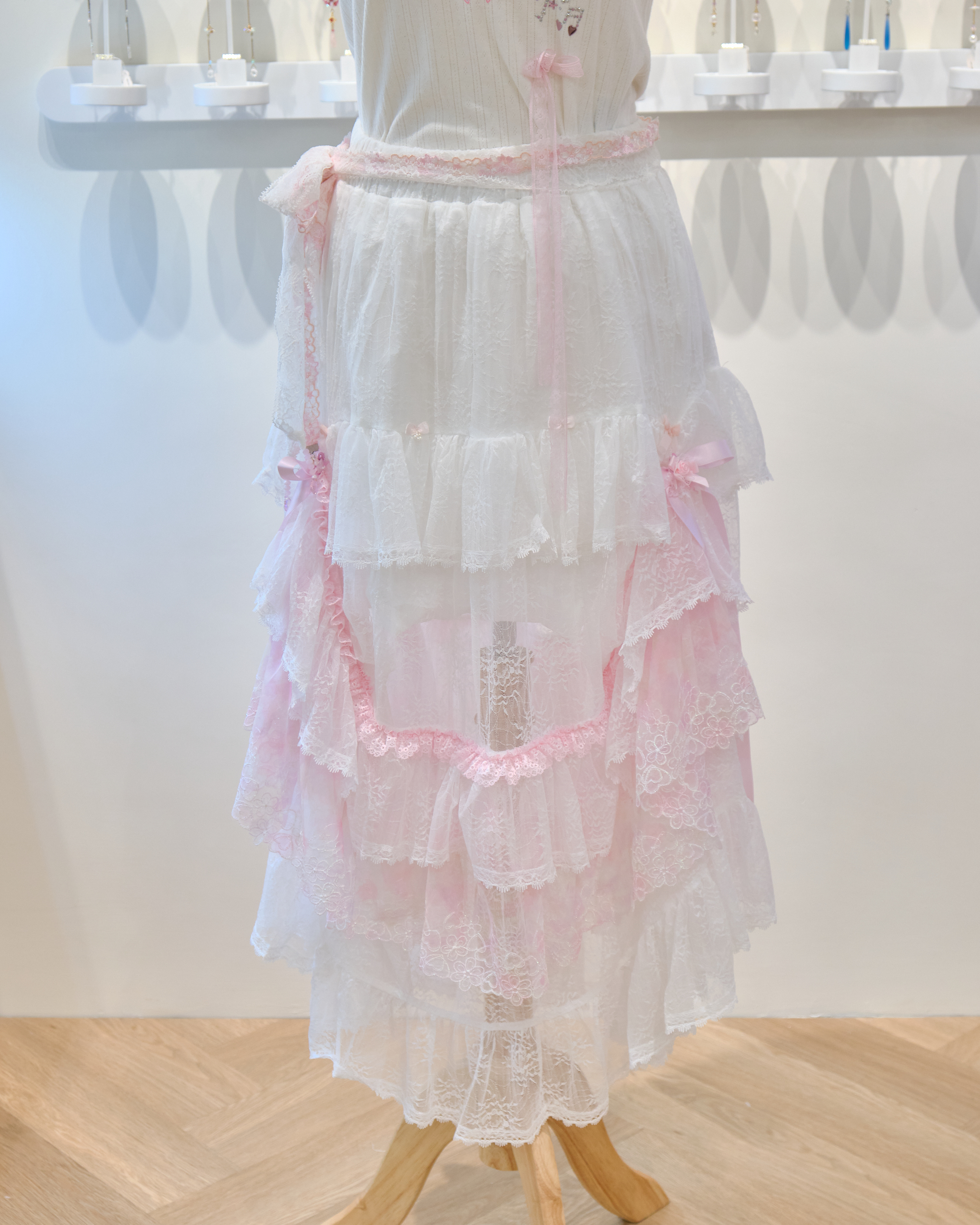 13557 2-Way Asymmetric Tiered Gauze Ribbon Skirt