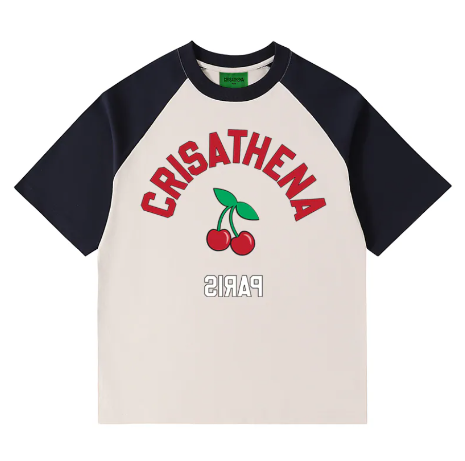 C113 Crisathena 女裝櫻桃 T恤 - 白色，黑色 BGE_NAVY