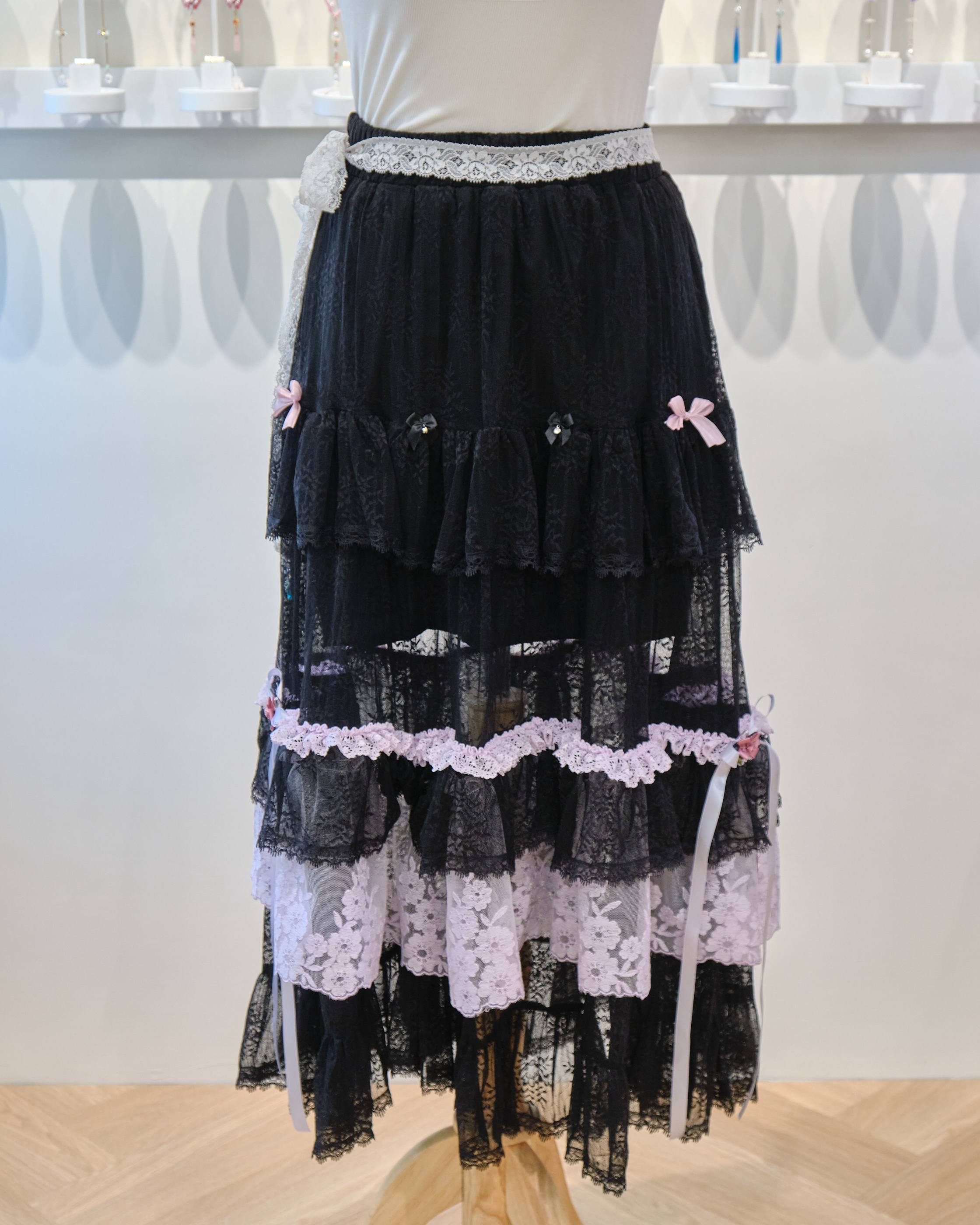 13556 2-Way Asymmetric Tiered Gauze Ribbon Skirt