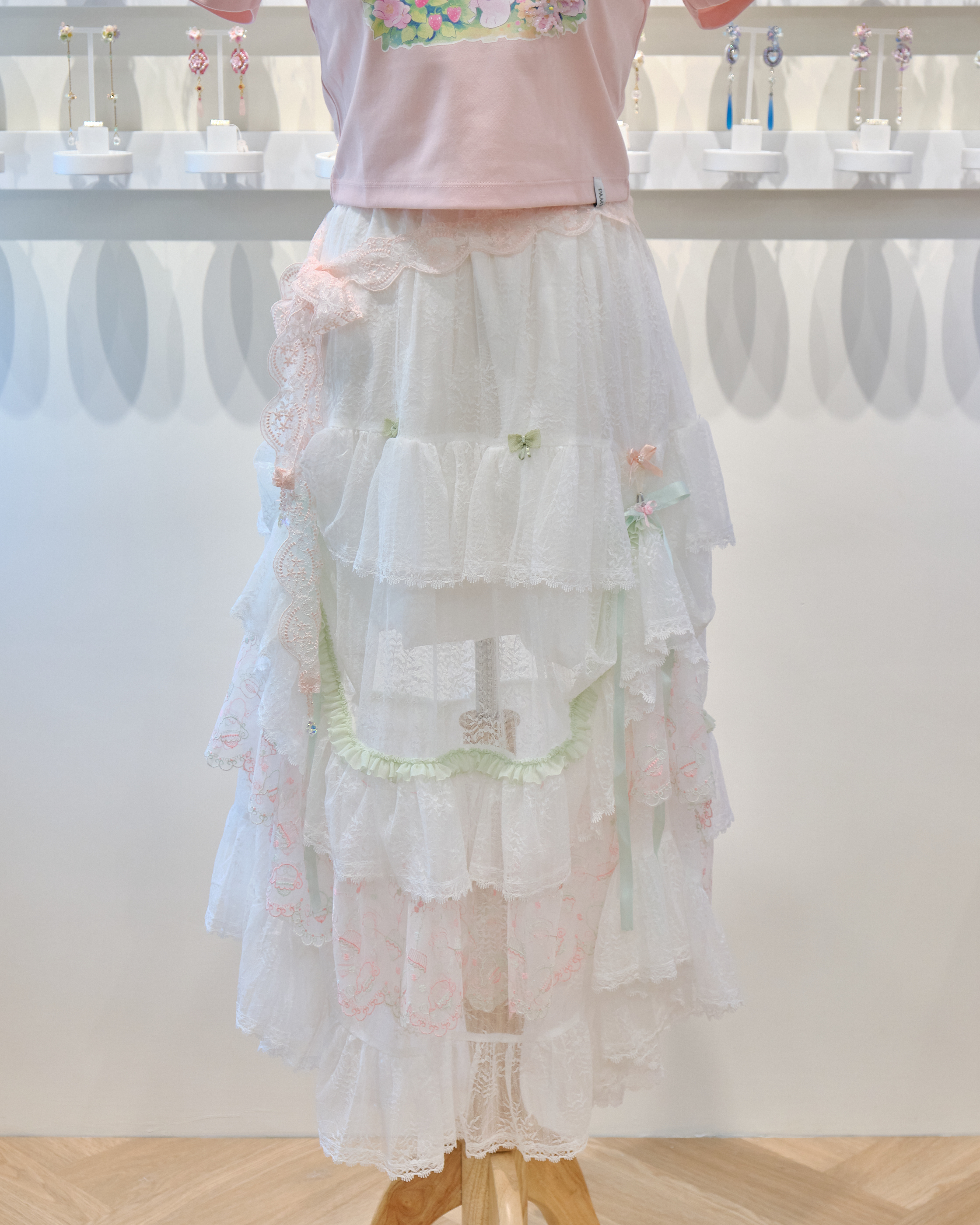 13554 2-Way Asymmetric Tiered Gauze Ribbon Skirt