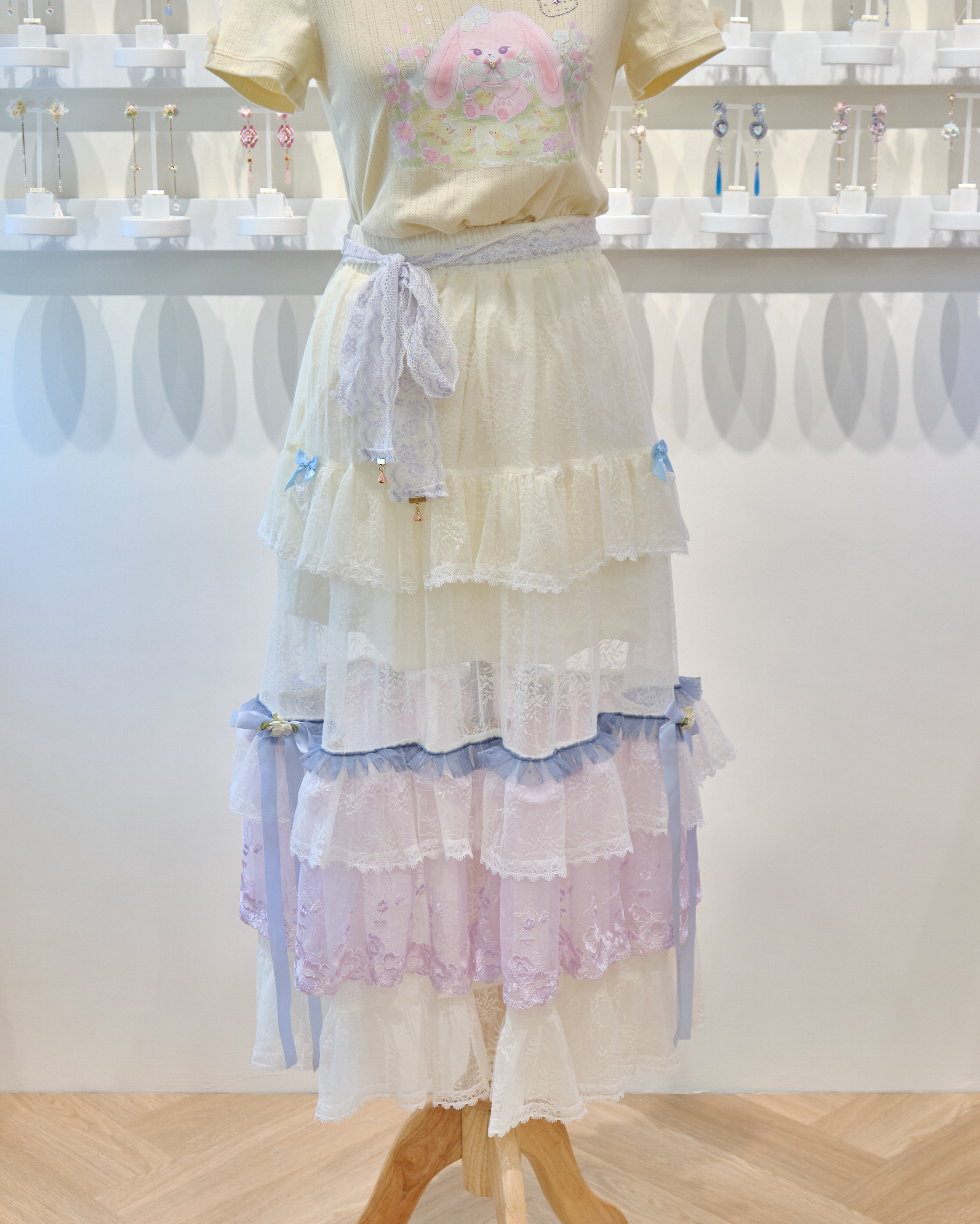 13552 2-Way Asymmetric Tiered Gauze Ribbon Skirt