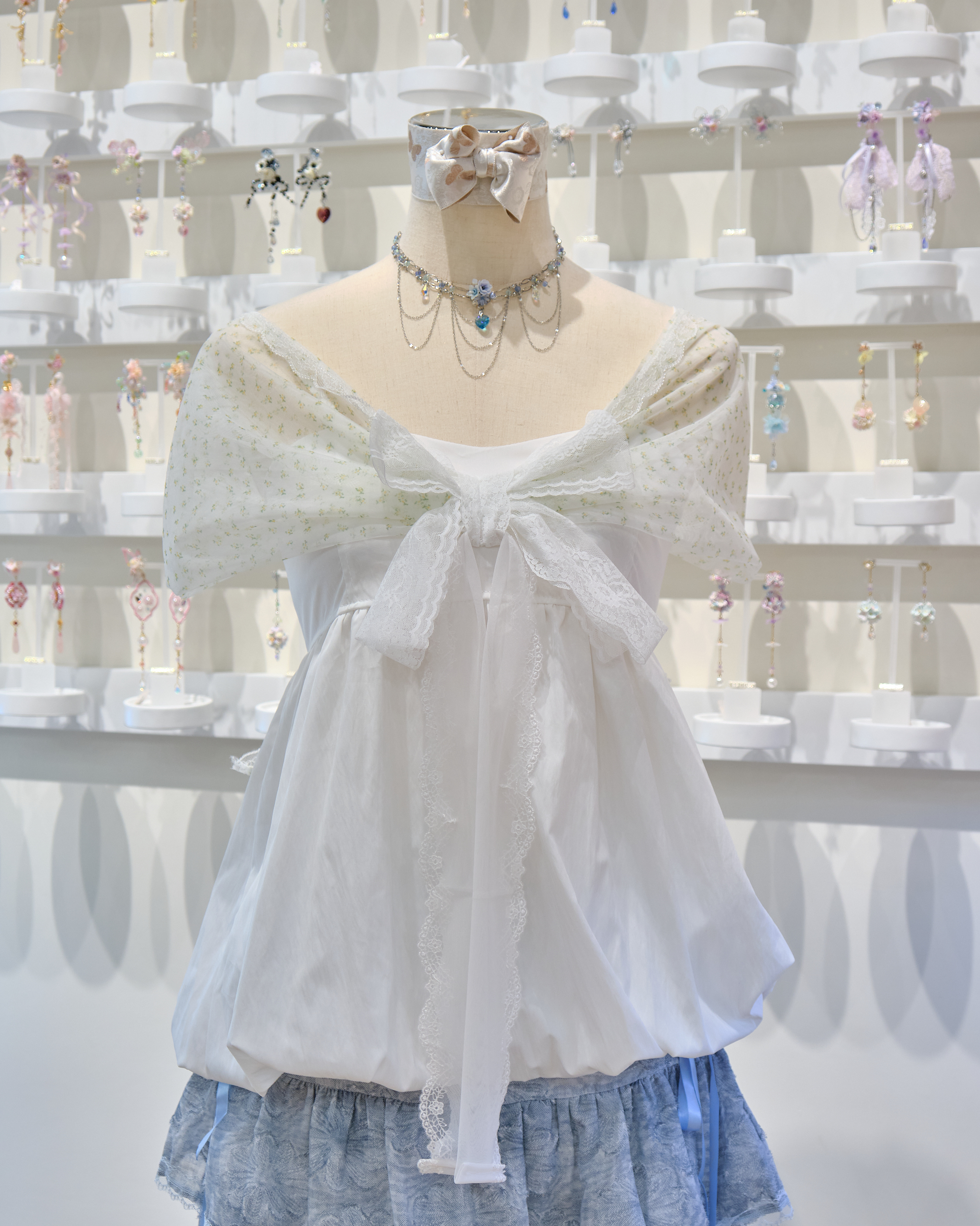 13498 2-Way Puff Sleeve Glam Bow Lace Top