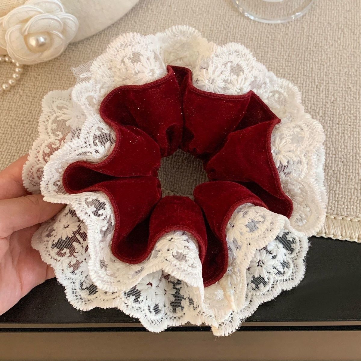 [2 FOR RM10] Red Velvet Lace Double-Layer Hair Scrunchies