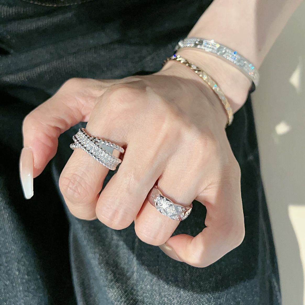 18k va”perlee duo ring交錯珠邊滿鑽高奢定製戒