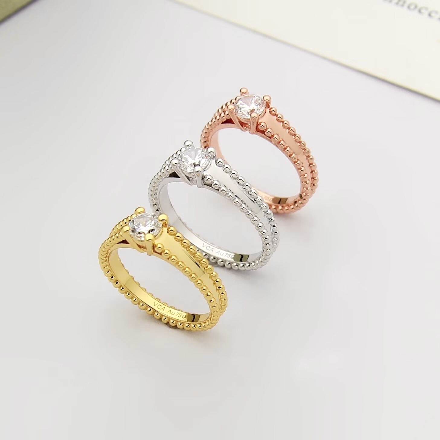 18k va”perlee單水鑽米珠邊高奢定製戒