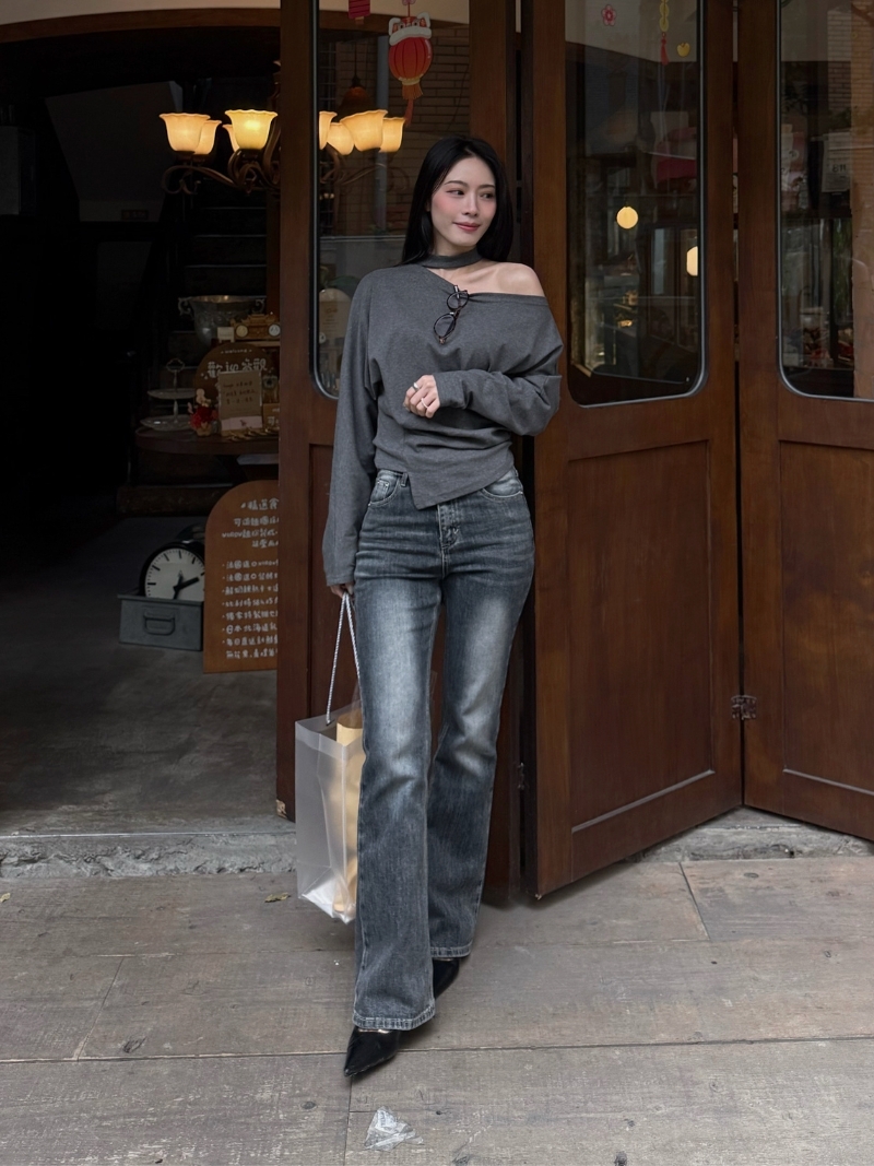 IB938-刷色牛仔喇叭褲