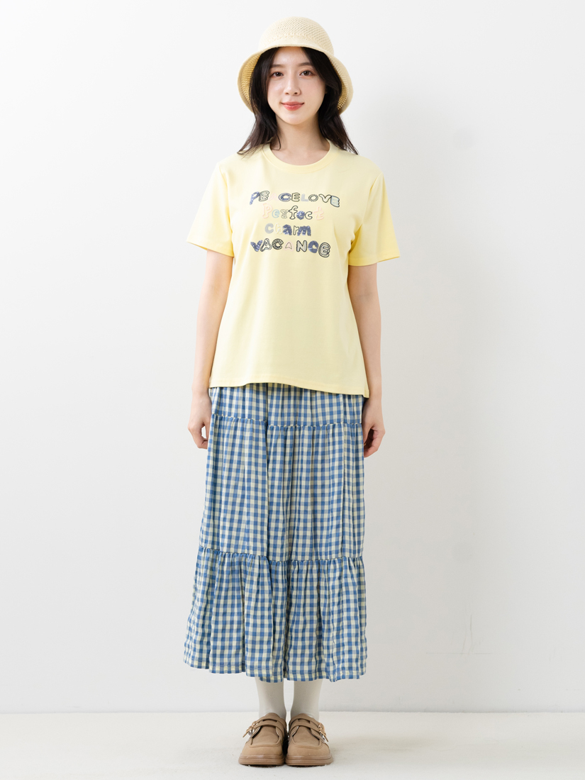 漸層亮片字母短袖上衣格紋蛋糕長裙組合