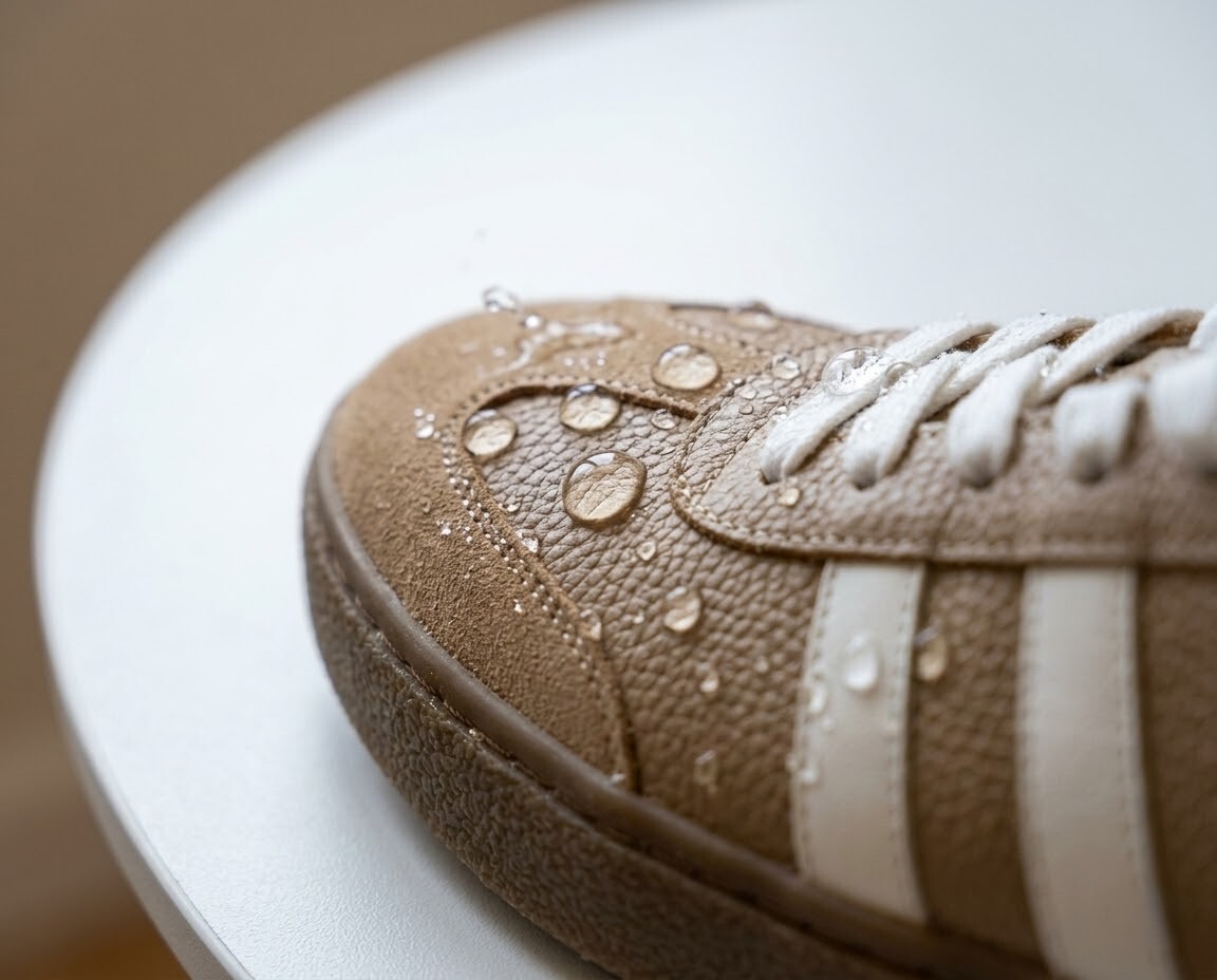 3M 防潑水黑科技實測，水滴在真皮鞋面上瞬間凝結成水珠滑落不滲透。保留天然牛皮透氣性，防潑水又不悶腳的超強機能休閒鞋。