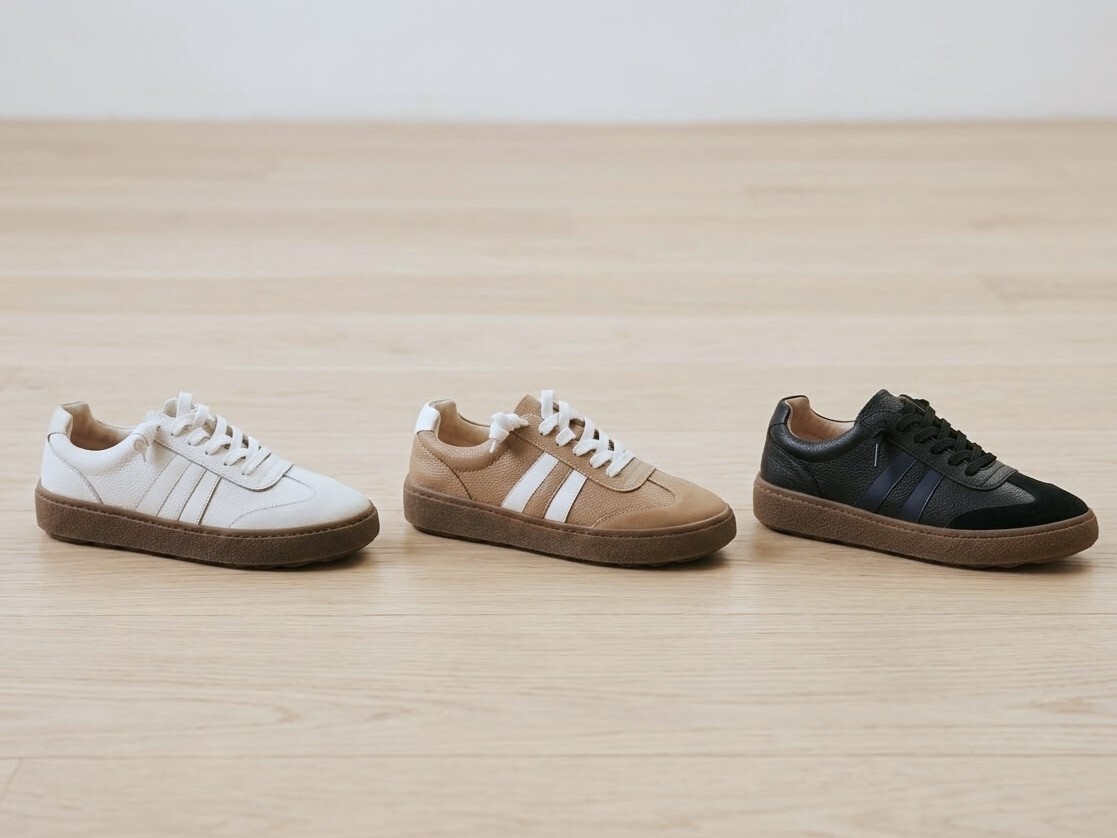 三款百搭色系任妳挑選：溫柔奶杏、復古太妃糖、俐落經典黑。搭載 3M 防潑水與抗污科技，淺色控也能安心購買的真皮休閒鞋。