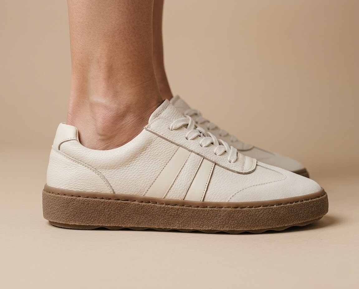 4公分黃金比例厚底設計，Sanly Joy 厚底德訓餅乾鞋無痛增高，巧妙拉直小腿線條。輕量化厚底提供久站避震緩衝，好走不笨重。