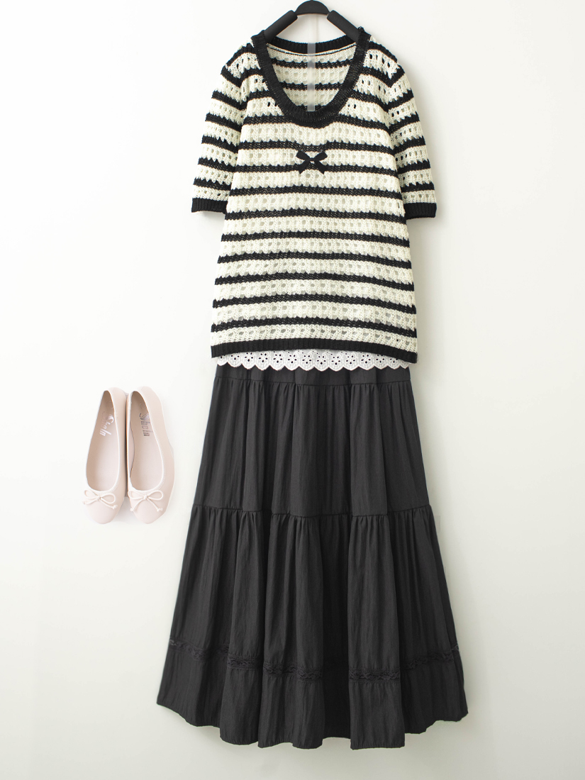 條紋簍空蝴蝶結上衣簍空織帶蛋糕裙組合