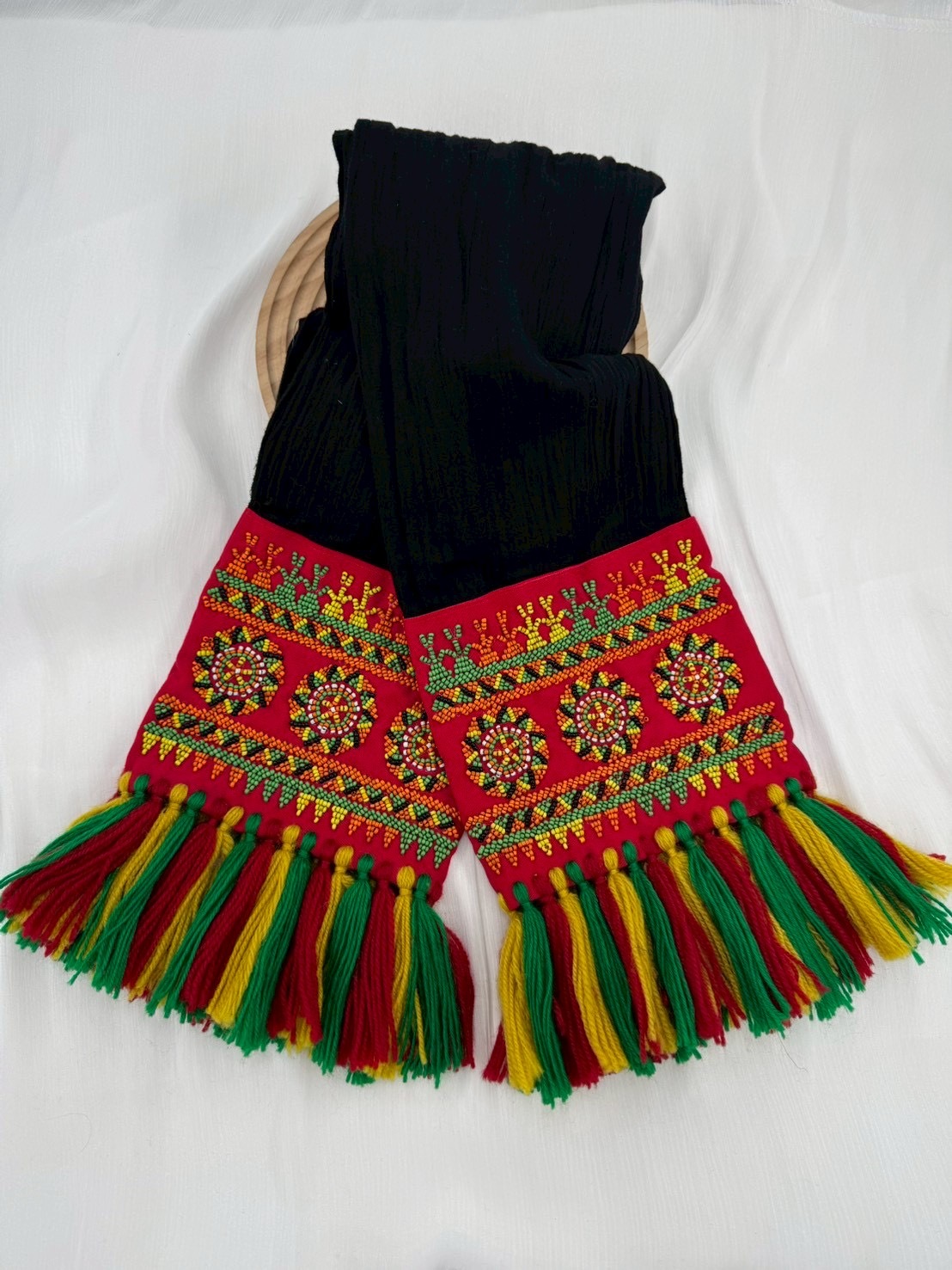 No.32紅棉紗布珠繡頭巾.面寬17全長含流蘇210