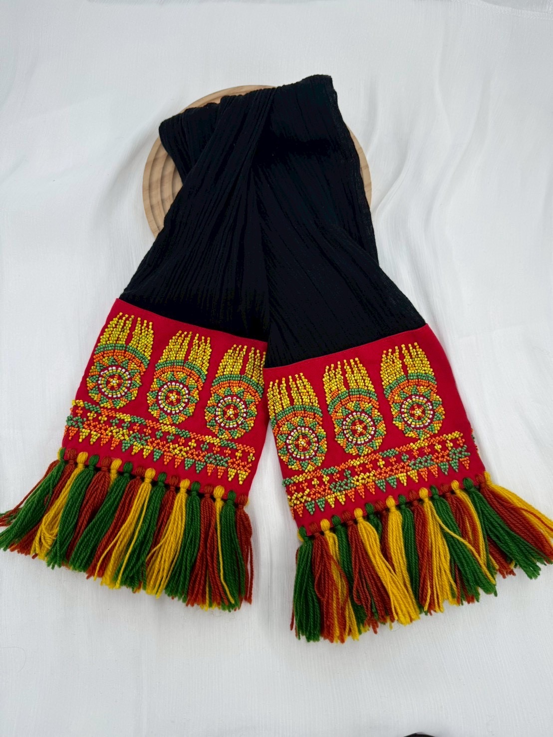 No.33紅棉紗布珠繡頭巾.面寬17全長含流蘇210