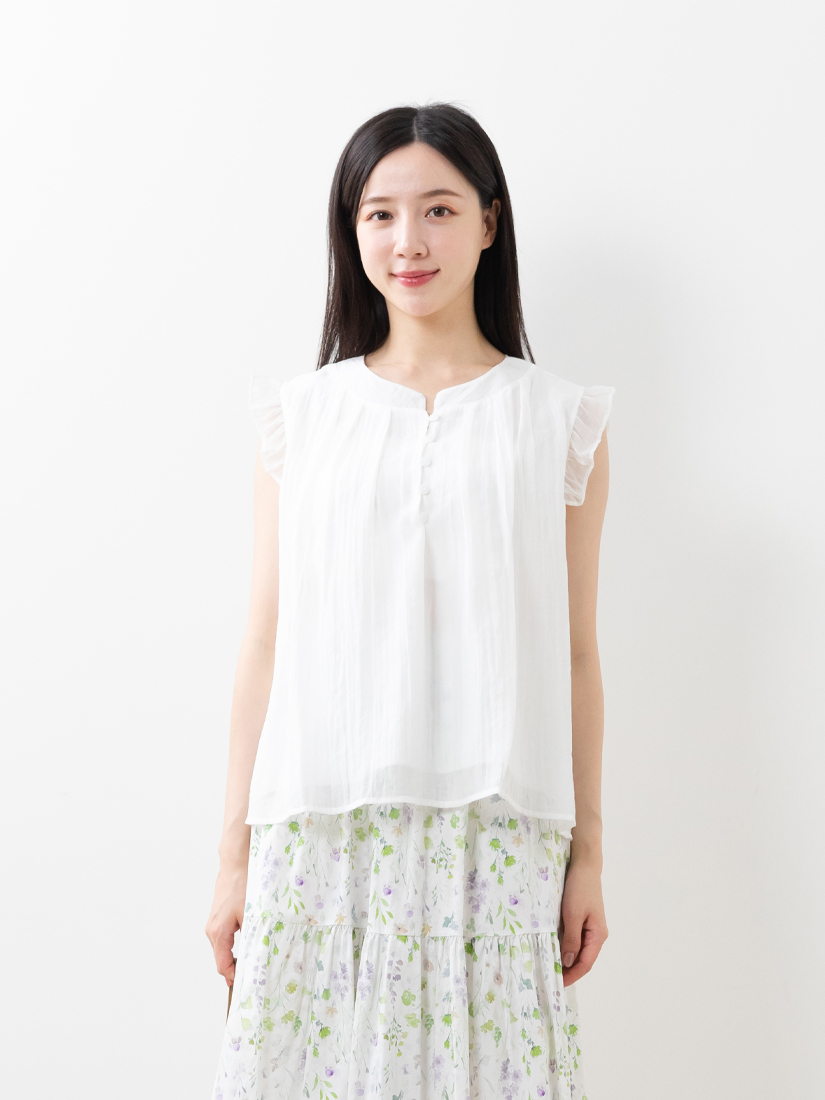 自然壓縐透膚雪紡棉荷葉無袖上衣