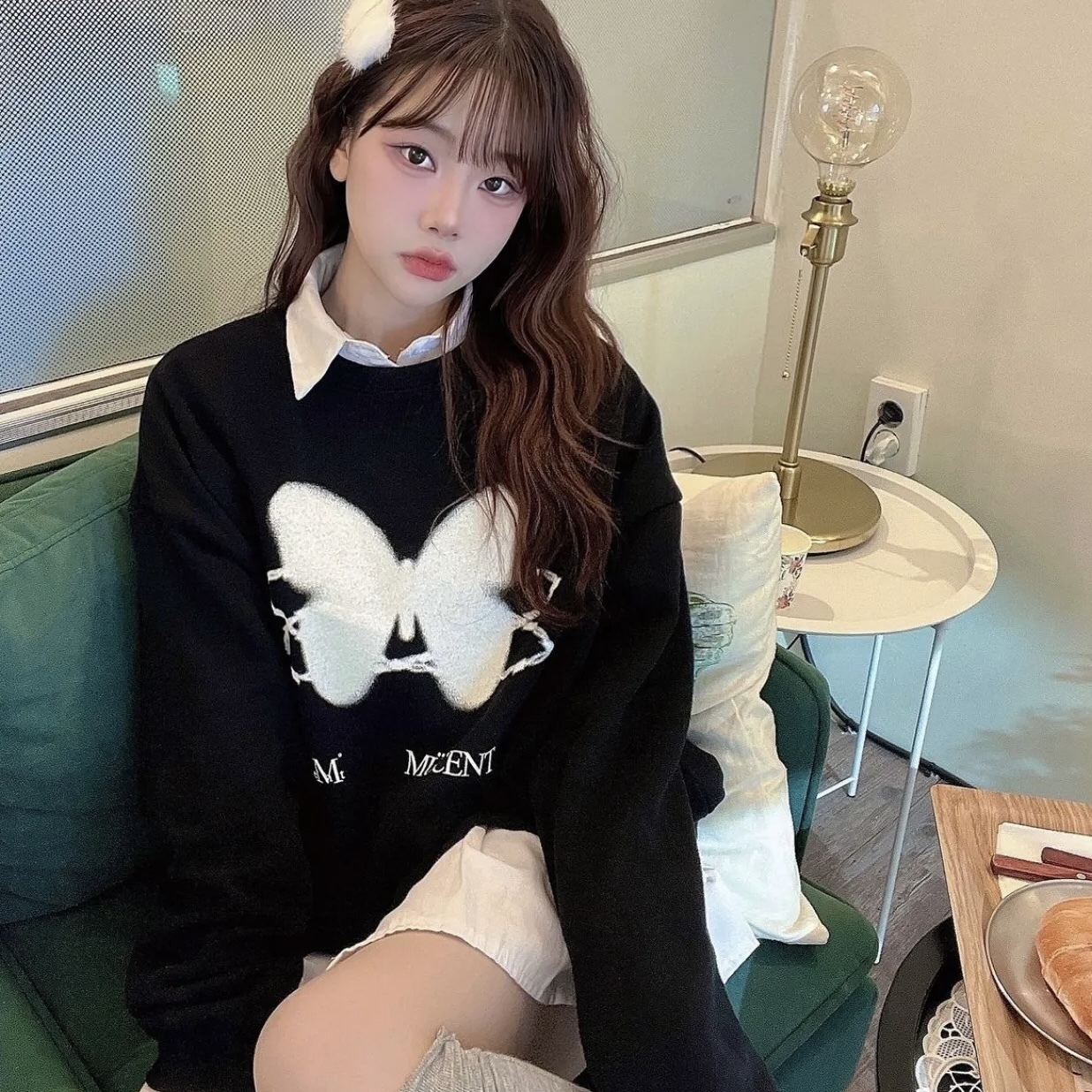 MUCENT 鏈條 蝴蝶 寬鬆大學T 長袖 上衣 韓國代購 三色