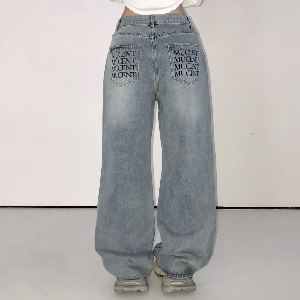 MUCENT 後口袋印花 寬褲 牛仔褲 長褲 韓國代購