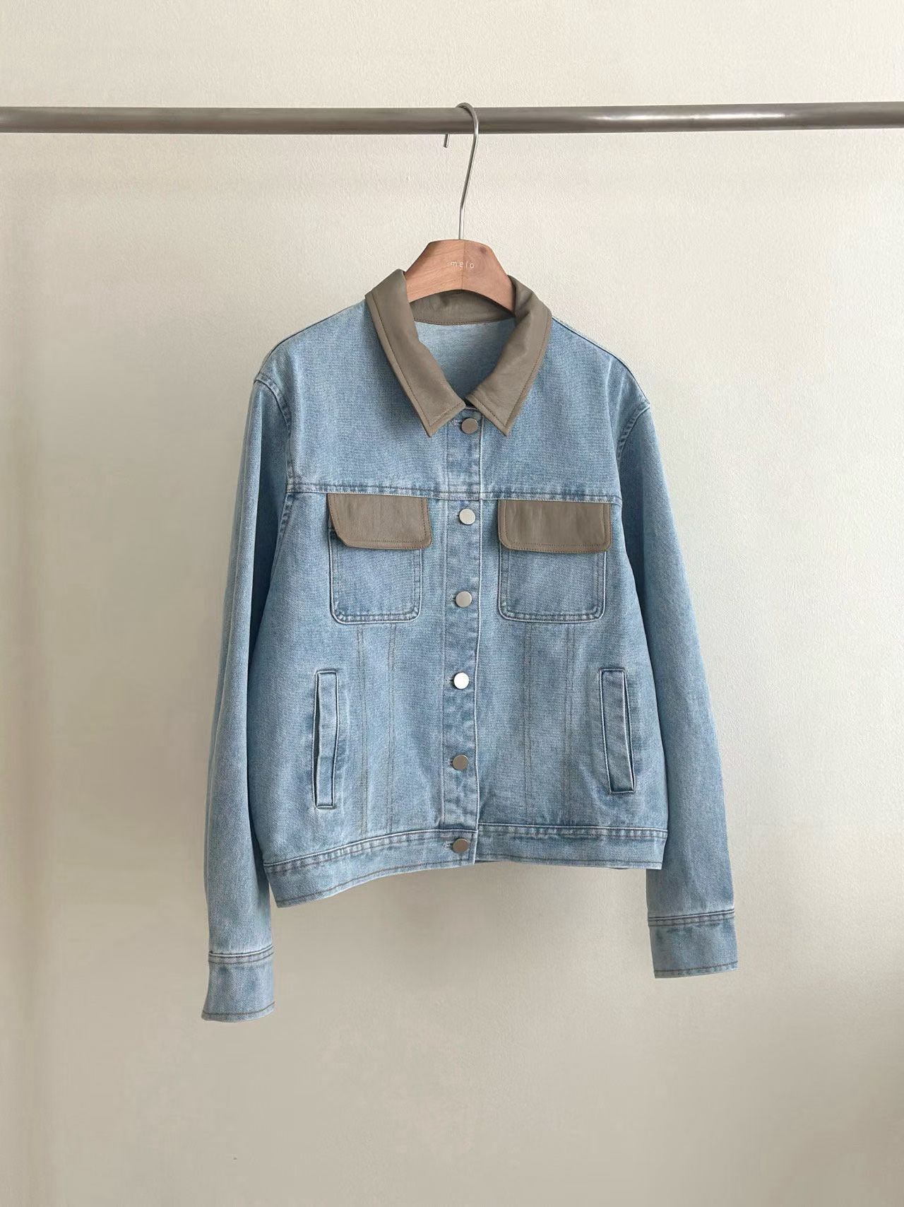 ML6009 反領拼皮牛仔外套