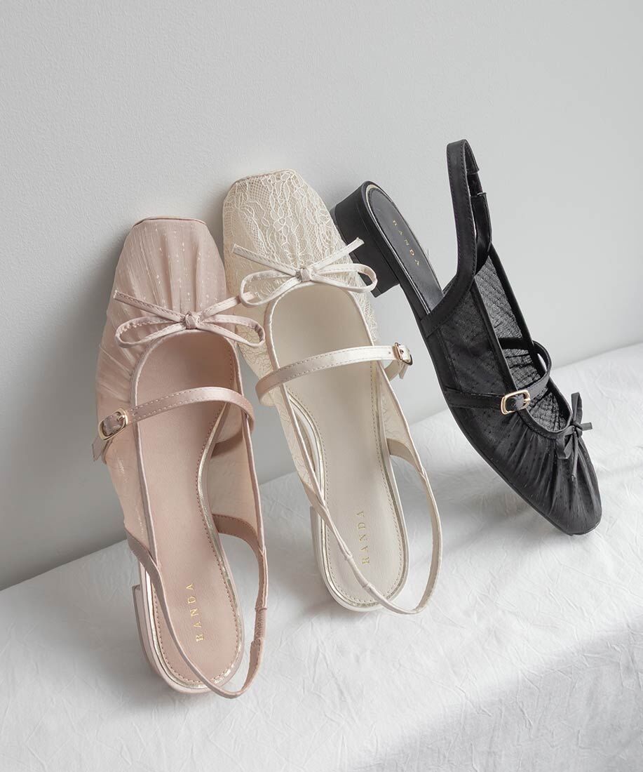 [預購]RANDA 透膚抓皺後繫帶低跟鞋