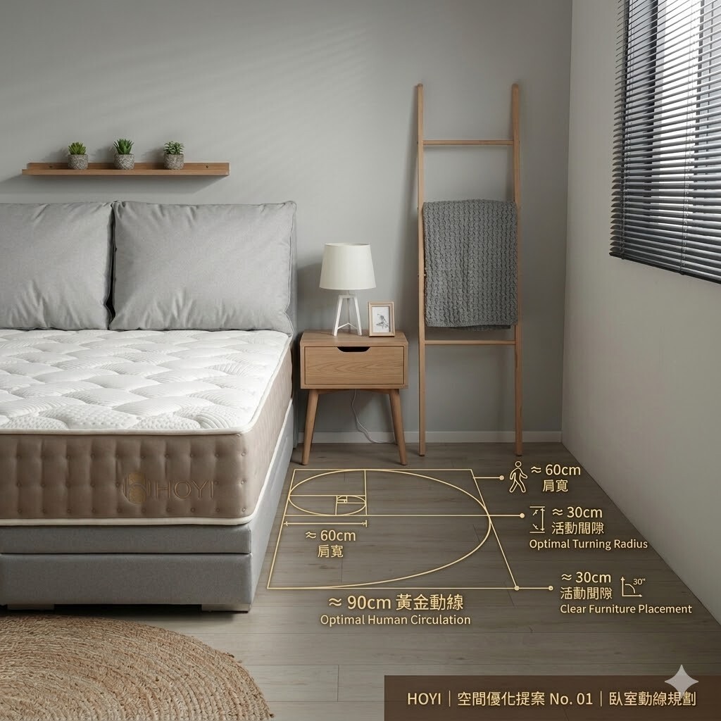 HOYI 好寓臥室動線規劃示意圖：精算床邊 90cm 黃金動線與留白美學空間，解決小坪數臥室壓迫感並確保下床通行流暢。