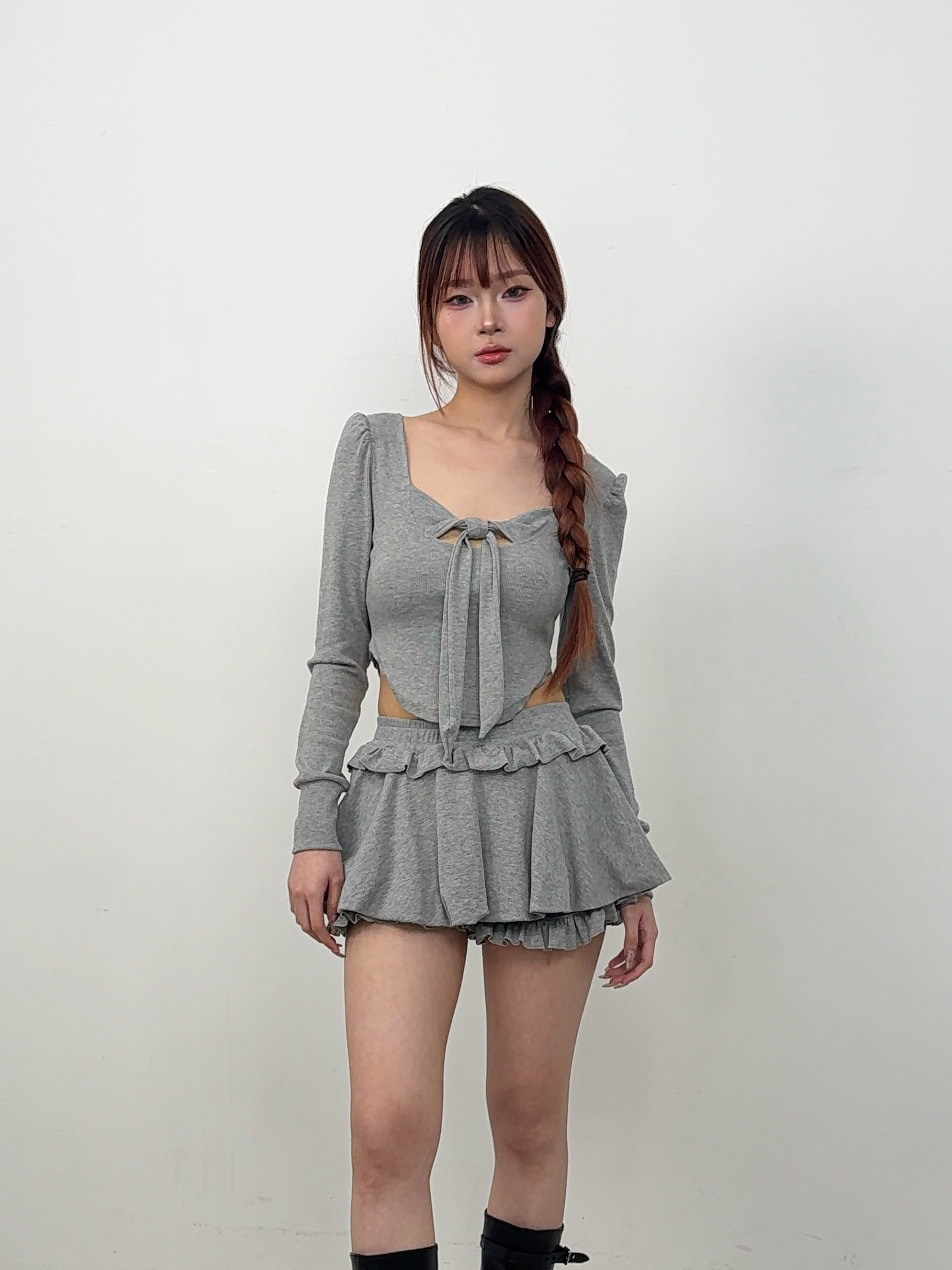 A76 預購氣質蝴蝶綁帶荷花裙套裝