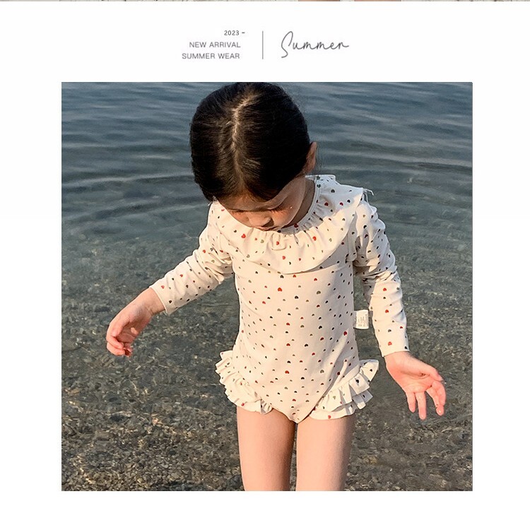 【H0475】ins甜美彩色愛心長袖連身泳衣(90-140)