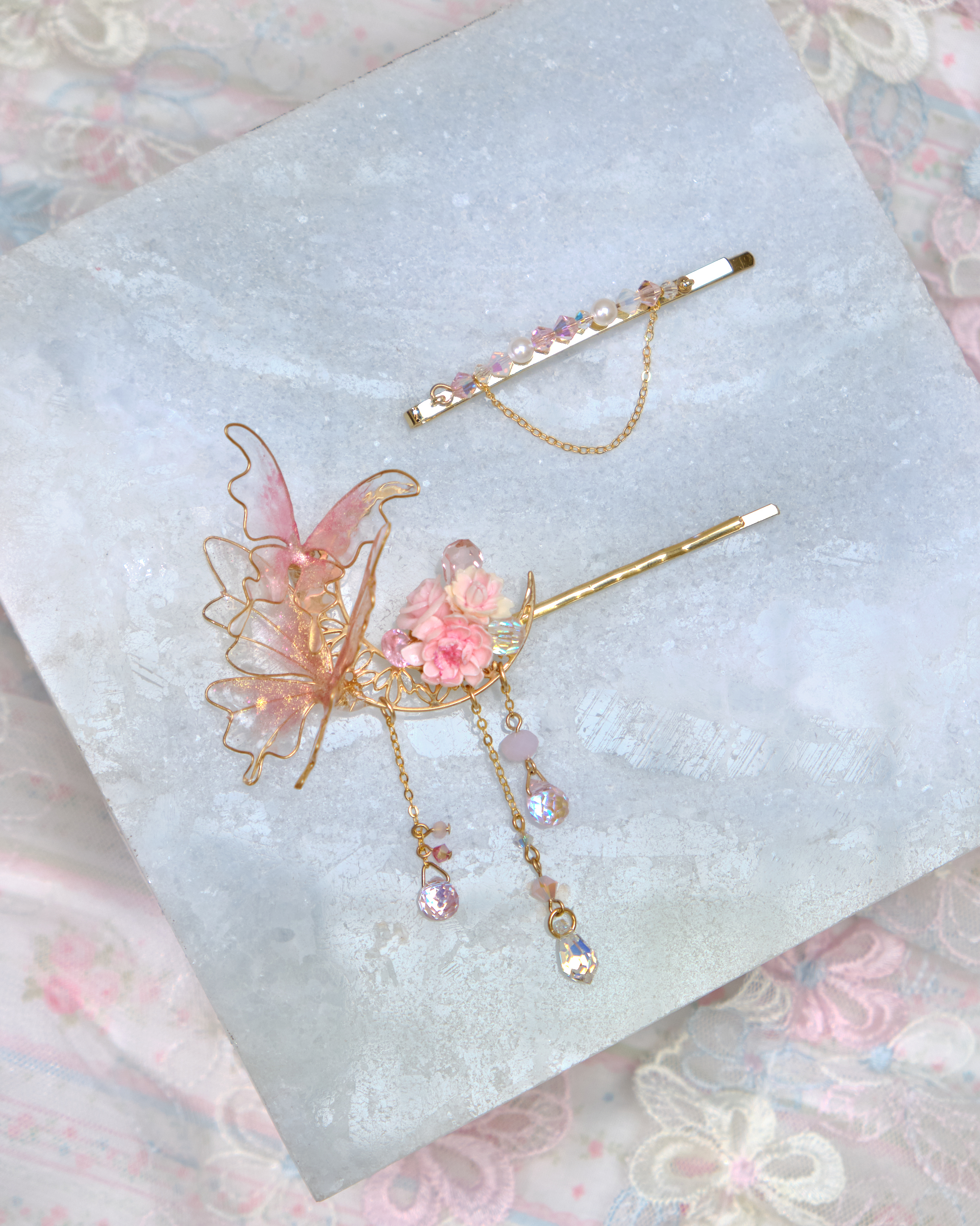 13445 Crystal Ribbon Chain Hair Pin Set