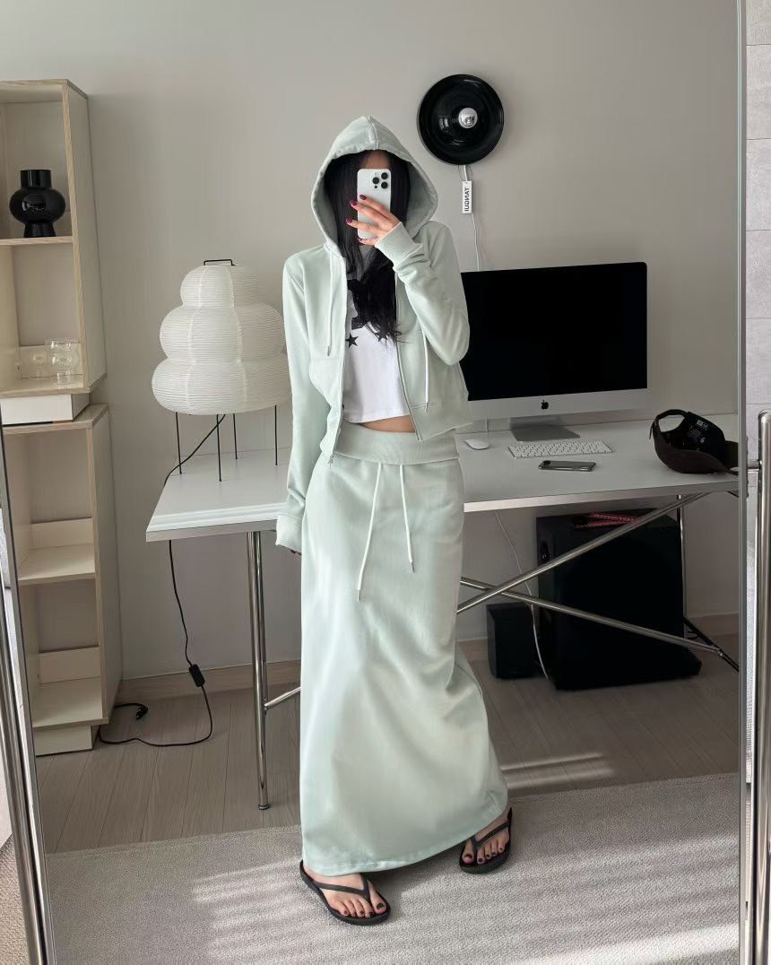連帽外套+反摺長裙set