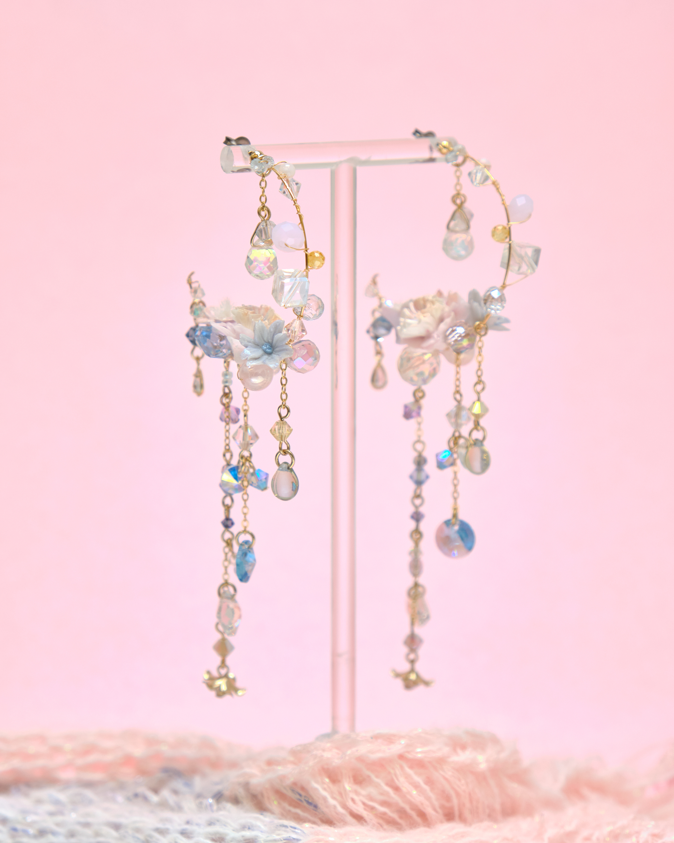 13412 Dreamy Crystal Tassel C Shape S925 Earrings