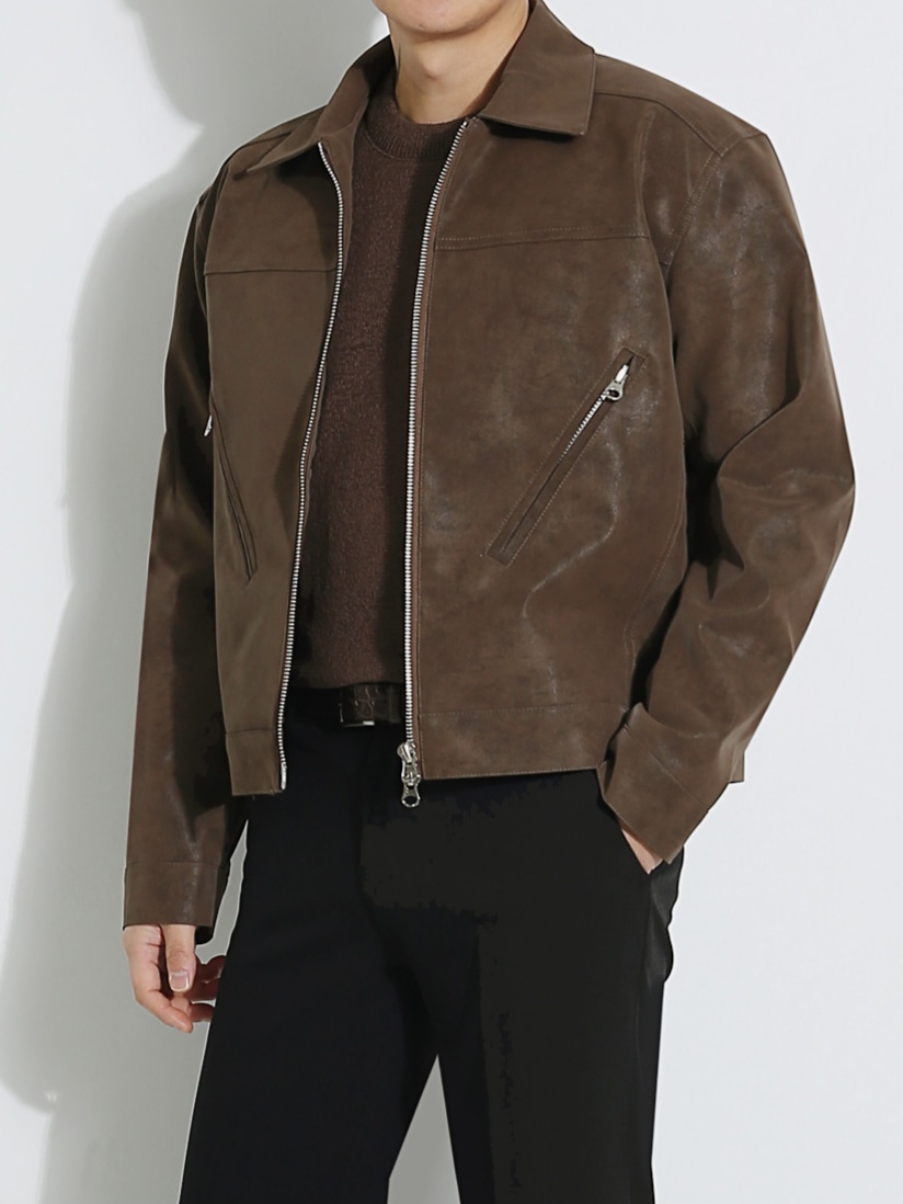 霧面裂紋藍色皮革夾克