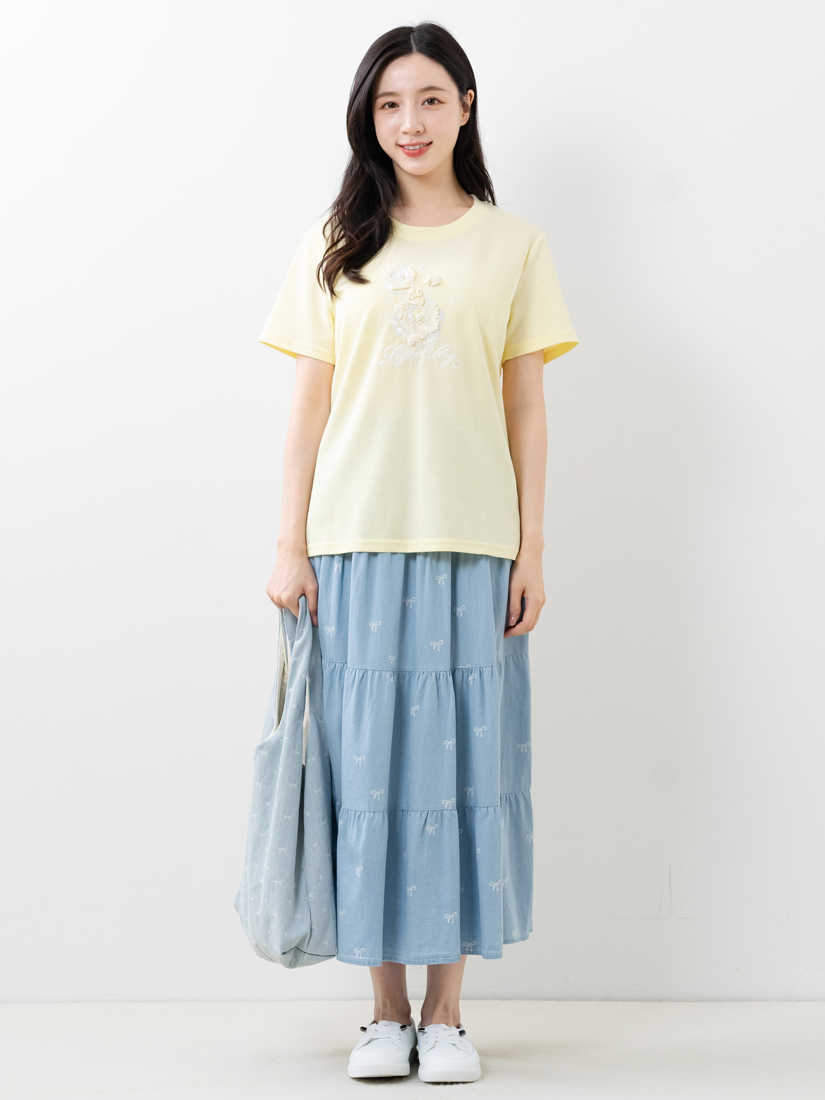 繡花棉質短袖上衣蝴蝶結牛仔蛋糕長裙組合