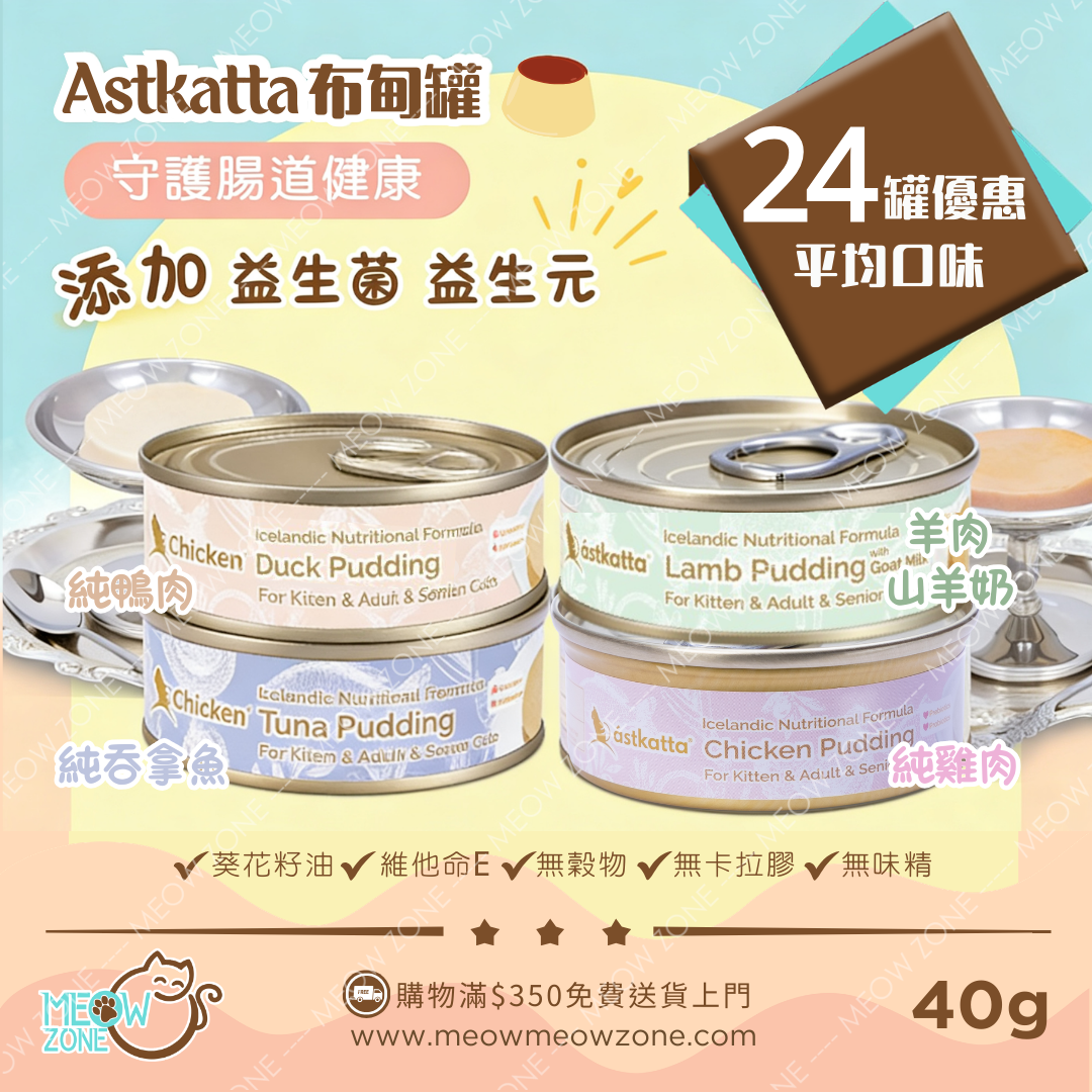 【 限時試食│一套免運 】Astkatta Pudding 冰島布甸貓罐 (添加益生菌) 40g - 24罐試食裝 (平均口味)