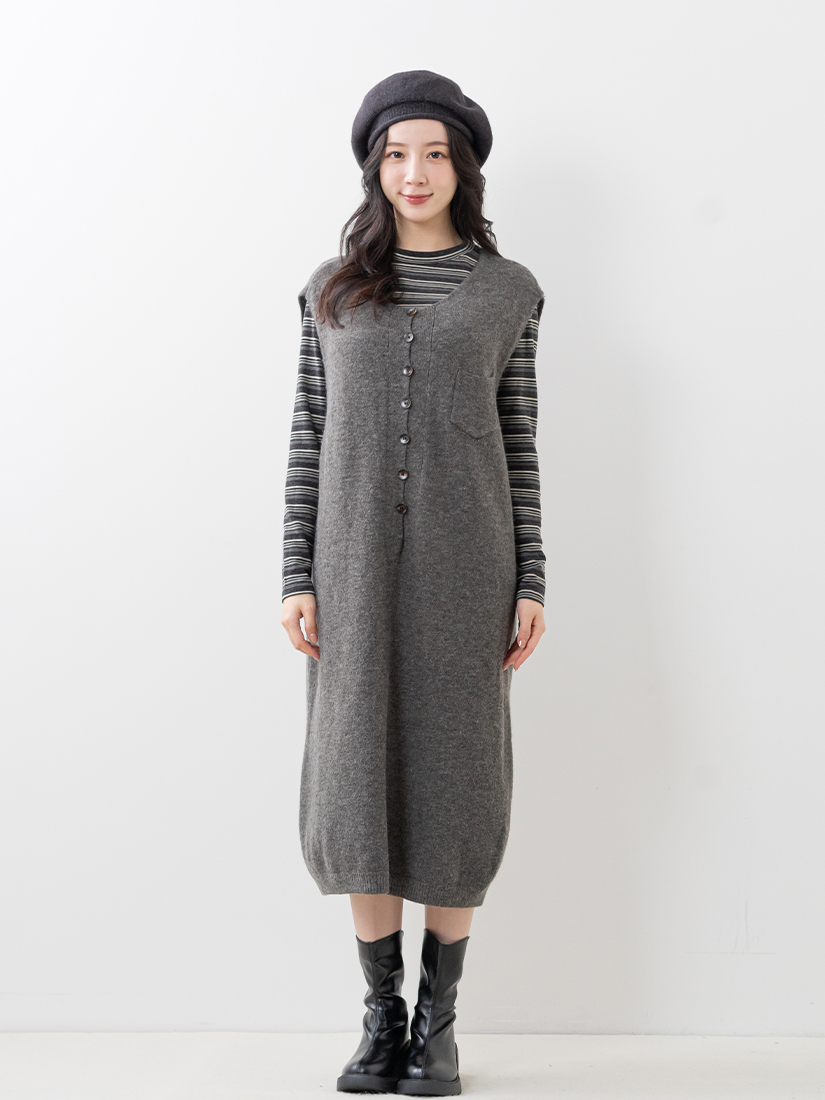 慵懶針織背心洋裝條紋內搭上衣組合