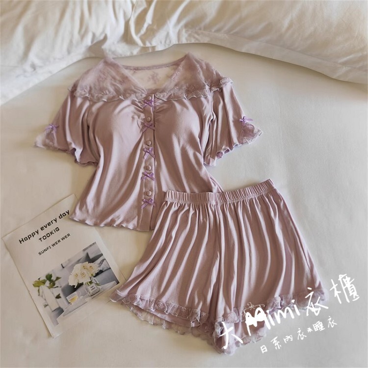 👑舒適首選蕾絲氛圍莫代爾睡衣套裝