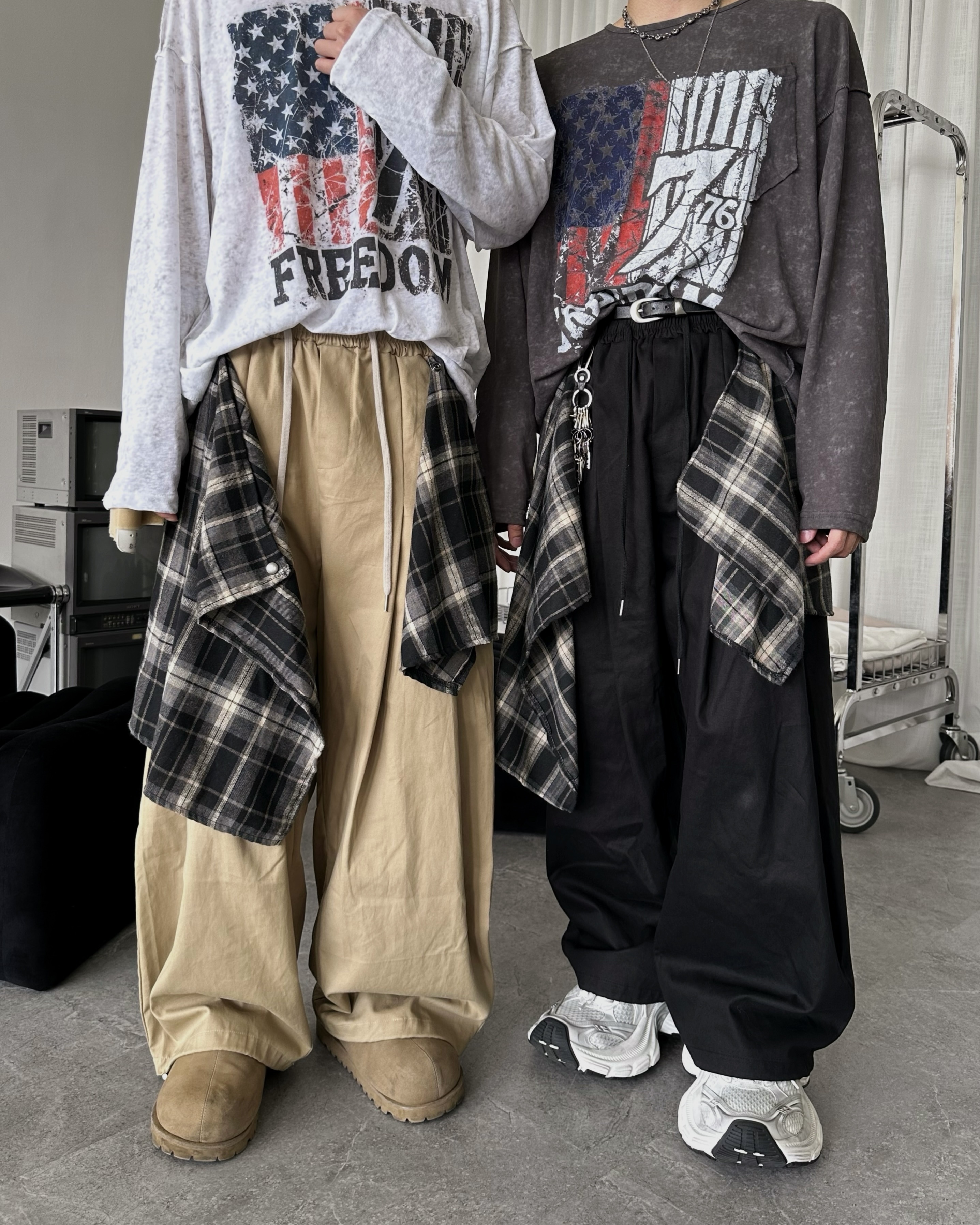 𝐇·𝐓·𝐒 韓國 裙簾設計 格紋層次 調節式 打褶 懶人 落地 寬鬆 長褲