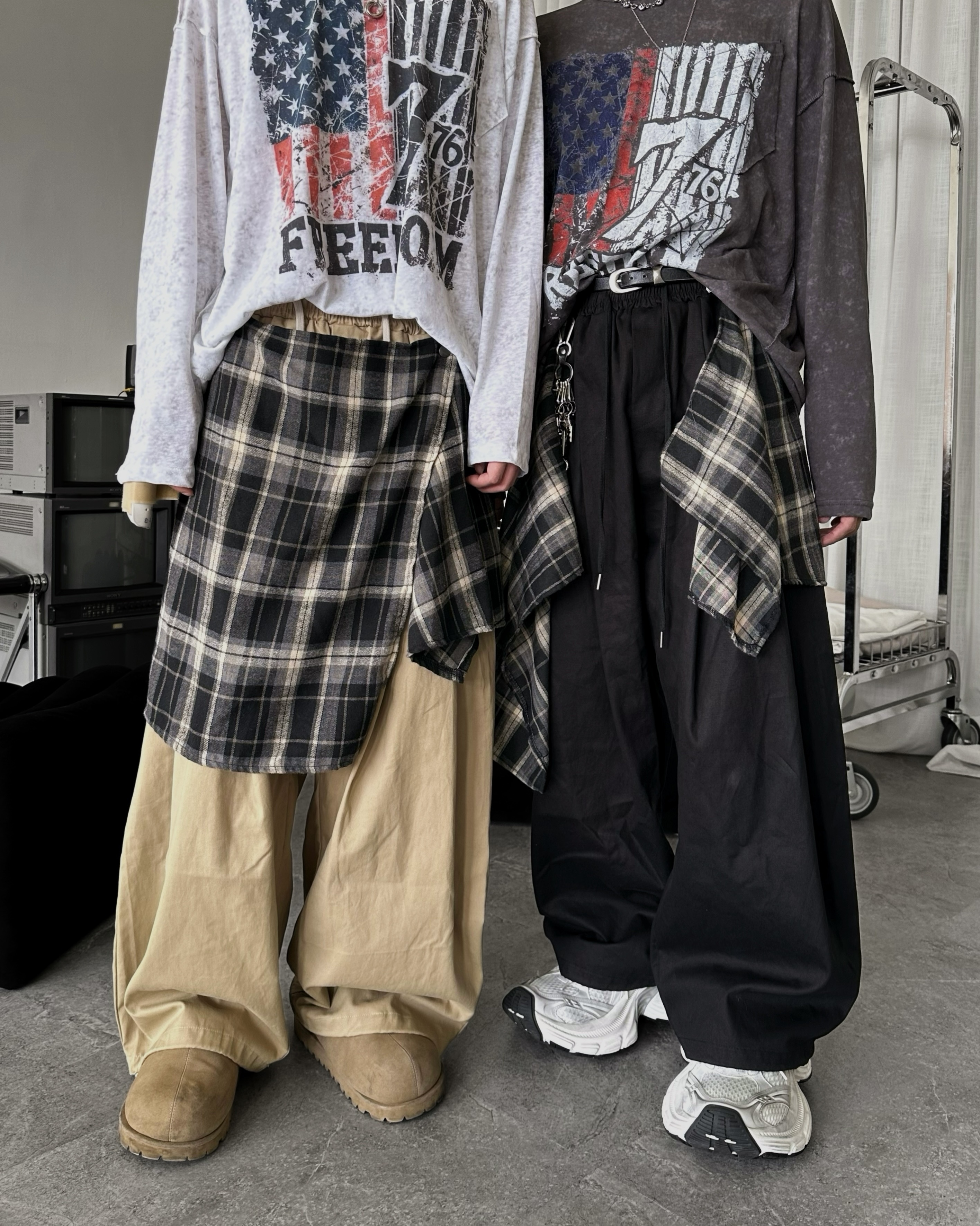 𝐇·𝐓·𝐒 韓國 裙簾設計 格紋層次 調節式 打褶 懶人 落地 寬鬆 長褲