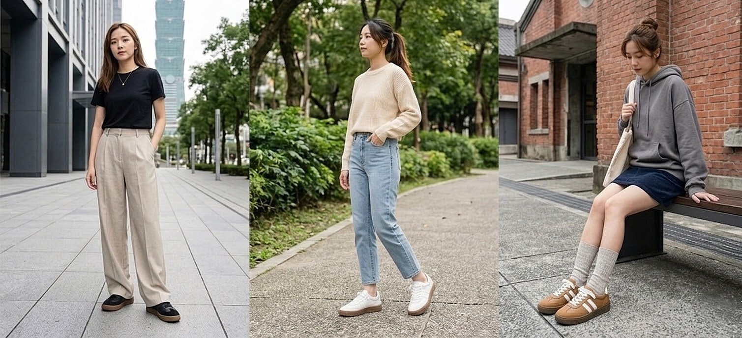 小隻女顯高穿搭教學，厚底德訓餅乾鞋搭配落地寬褲心機藏高，或是搭配短裙與中筒襪展現日系學院風，奶杏、太妃糖、經典黑三色完美駕馭各種風格。