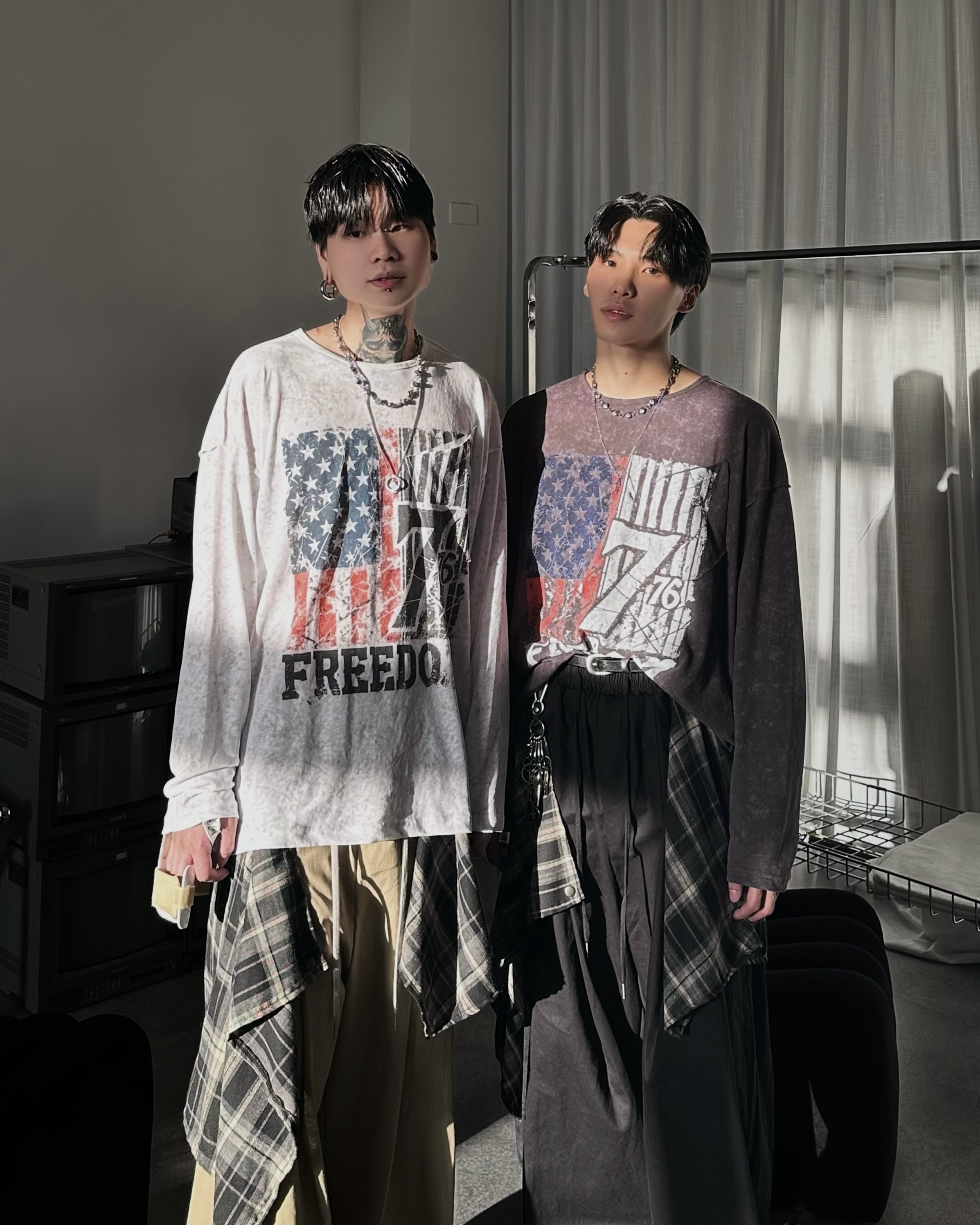 𝐇·𝐓·𝐒 韓國 FREEDOIM 美式斑駁 國旗 紋理 口袋 長袖 薄長袖